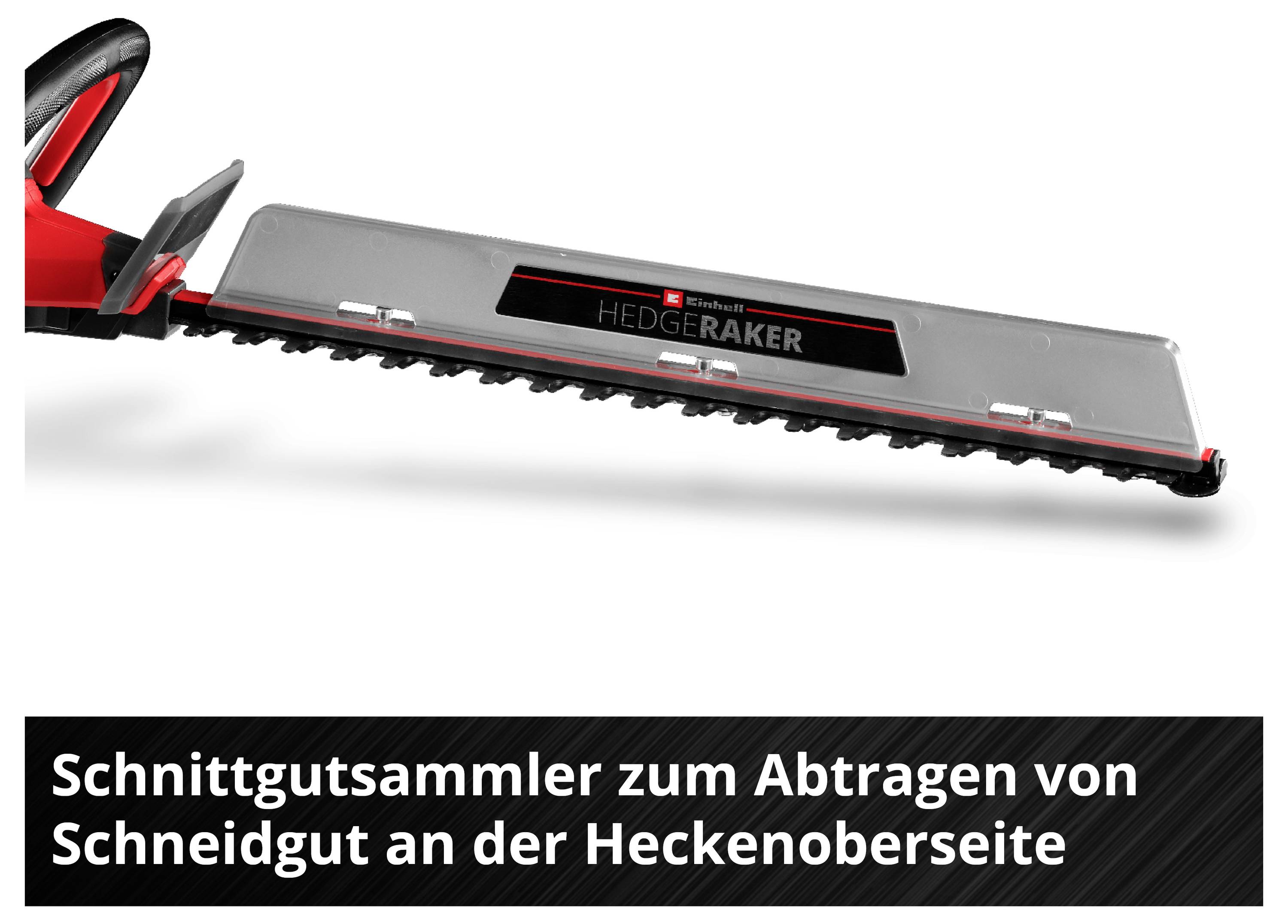 Heckenschneider mit Schnittgutsammler zum Abtragen von Schneidgut an der Heckenoberseite.