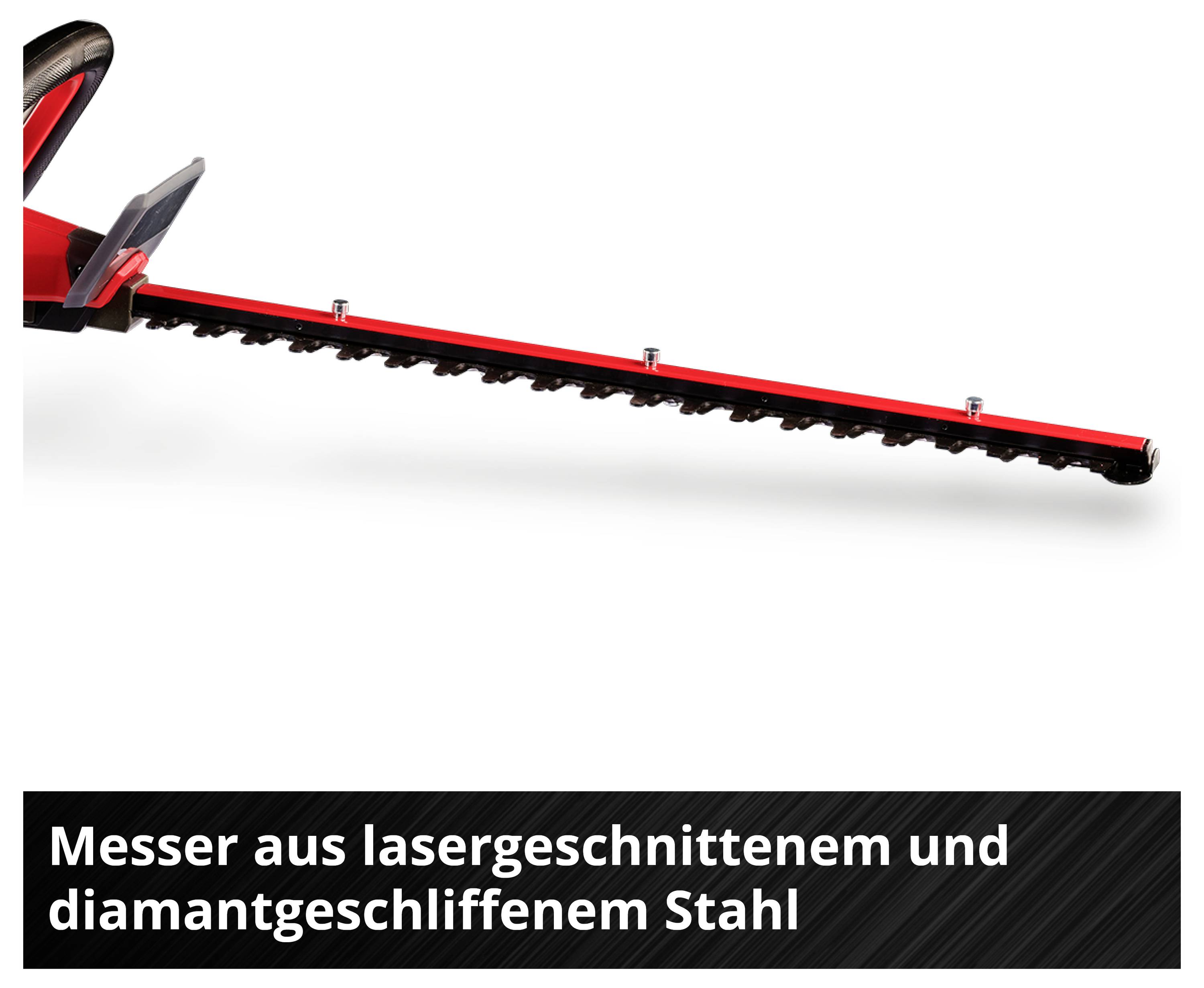 Rotes Gartengerät mit langer Schneidklinge; Text: 'Messer aus lasergeschnittenem und diamantgeschliffenem Stahl'