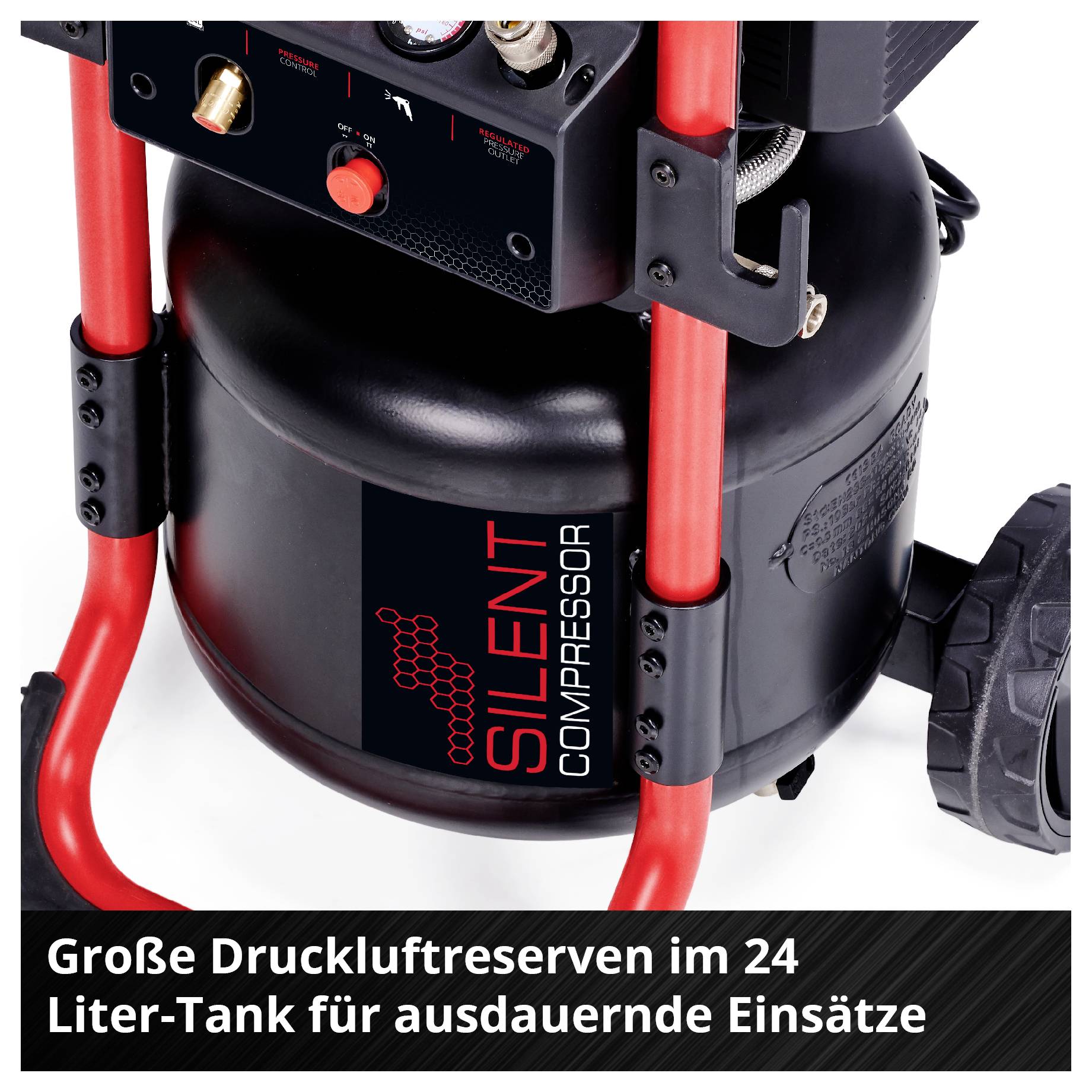 Mobiler Silent-Kompressor mit 24-Liter-Drucklufttank und Rad; Bildtext: 'Große Druckluftreserven im 24 Liter-Tank für ausdauernde Einsätze'