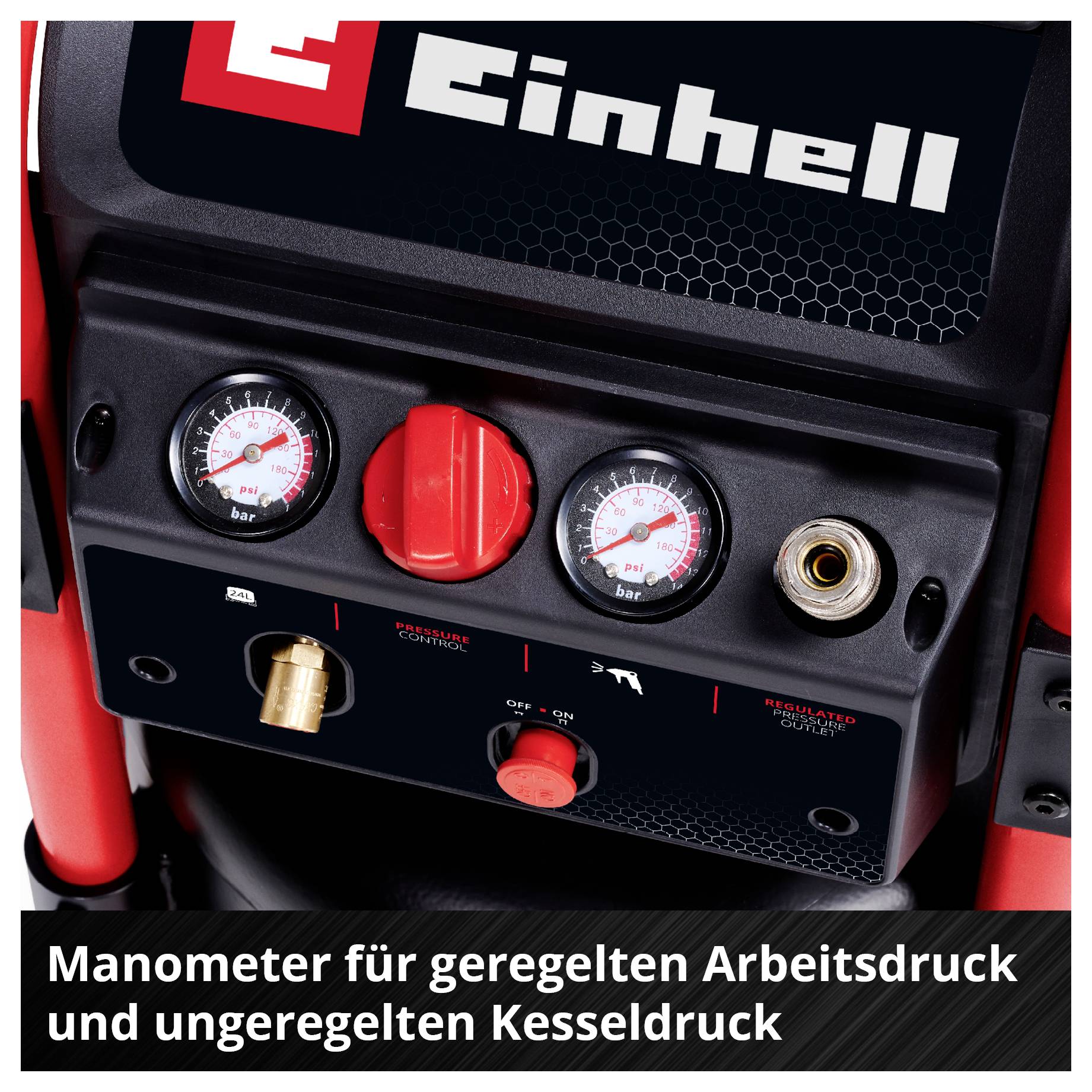 Manometer und Bedienelemente eines Einhell-Kompressors; Anzeige für geregelten Arbeitsdruck und ungeregelten Kesseldruck.