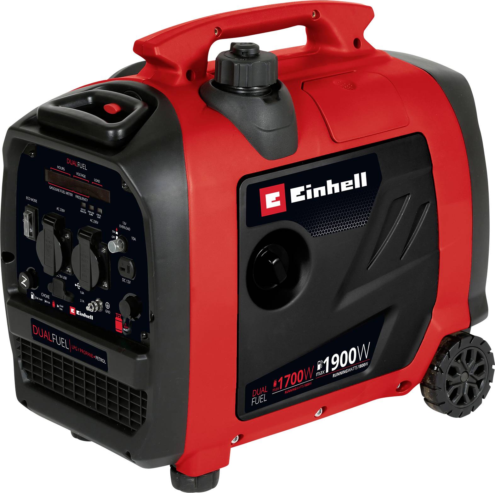 Ein roter tragbarer Dual-Fuel-Generator mit der Aufschrift 'Einhell', Leistung 1700W bis 1900W. Kompaktes Design mit Griffen und Rädern.