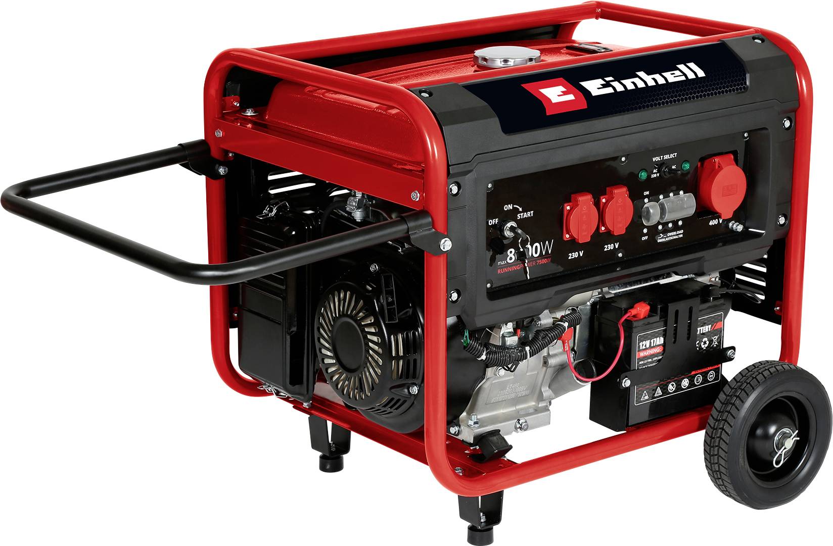 'Einhell Stromerzeuger', rotes Design, mehrere Drehknöpfe und Anzeigen, schwarze Räder für Mobilität, geeignet für Baustellen.