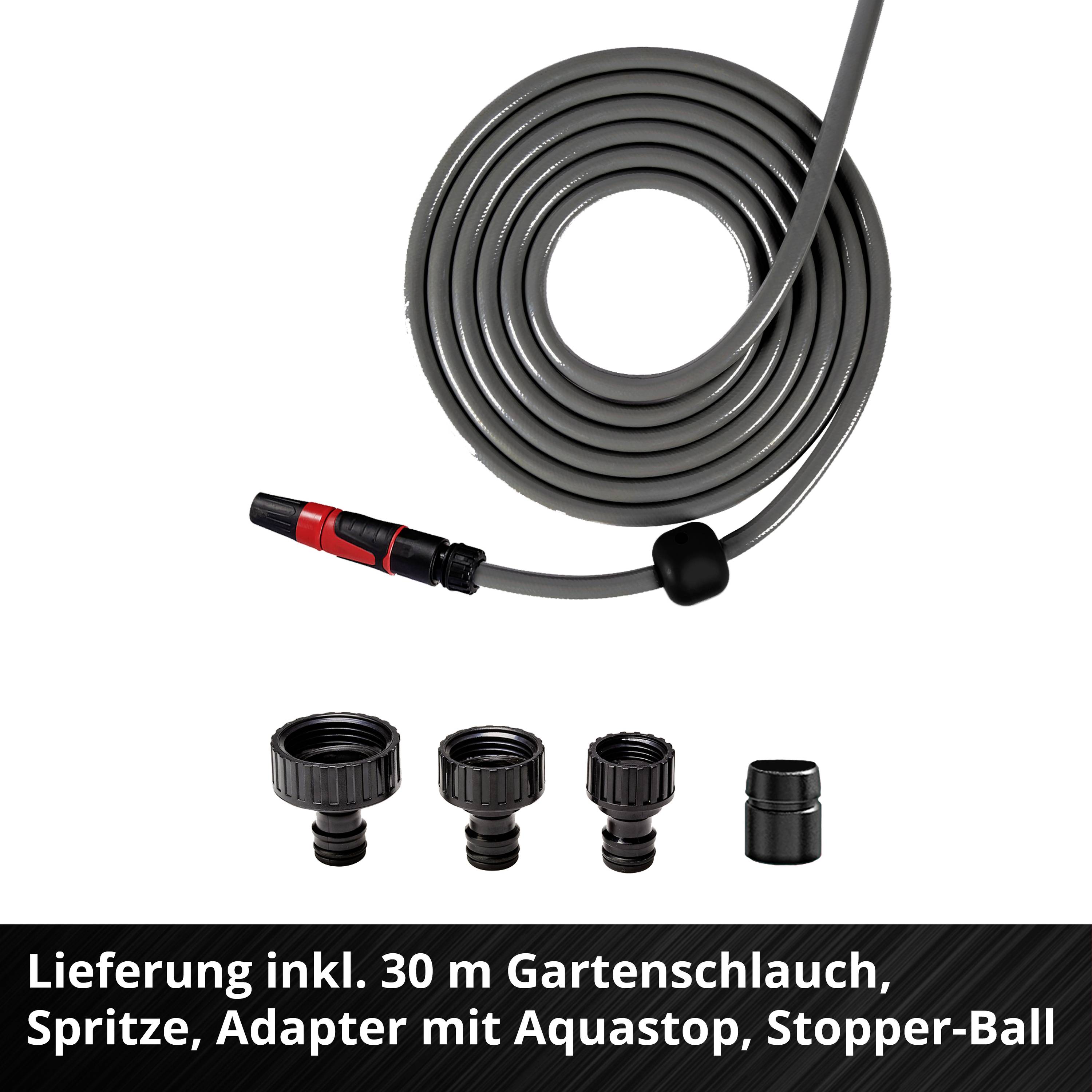 Grauer Gartenschlauch mit rotem Anschluss, Spritze und Adapter. Aufschrift: 'Lieferung inkl. 30 m Gartenschlauch, Spritze, Adapter mit Aquastop, Stopper-Ball'.