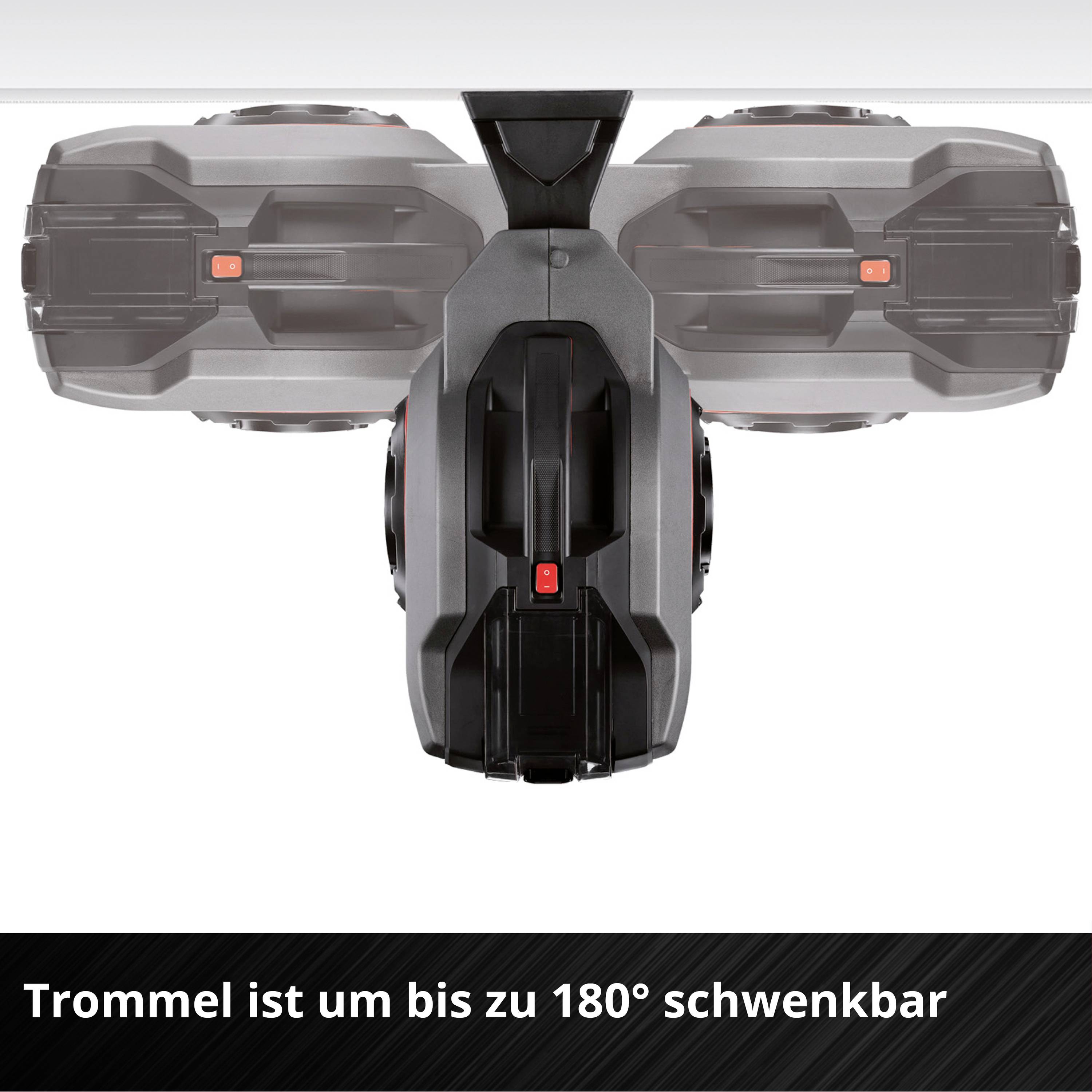 Ein Staubsauger mit schwenkbarer Trommel, die sich bis zu 180 Grad drehen lässt, vor einem weißen Hintergrund.