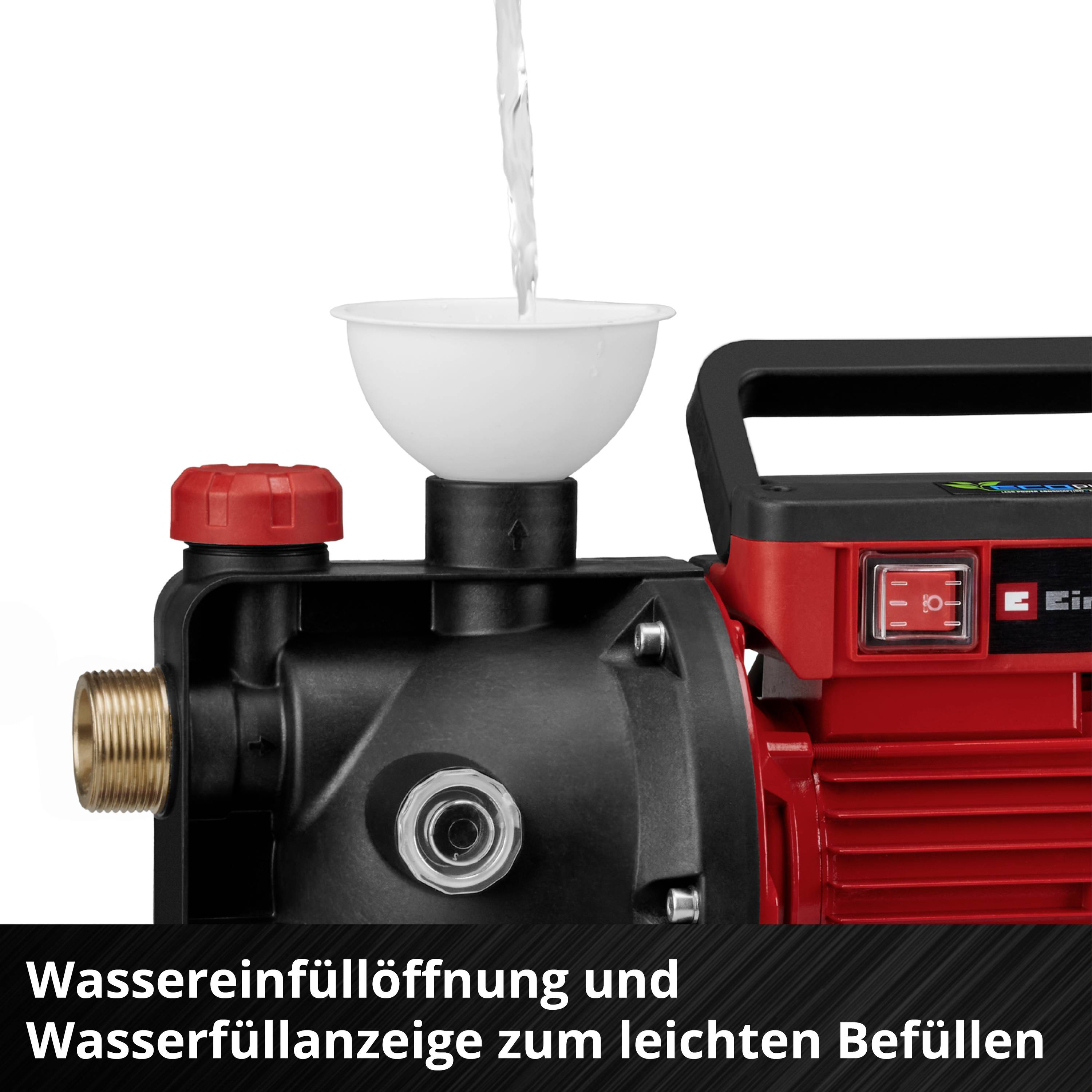 Nahaufnahme einer Wasserpumpe mit geöffnetem Einfüllstutzen und einem Trichter, durch den Wasser eingegossen wird. Text: Wassereinfüllöffnung und Wassereinlauföffnung zum leichten Befüllen.
