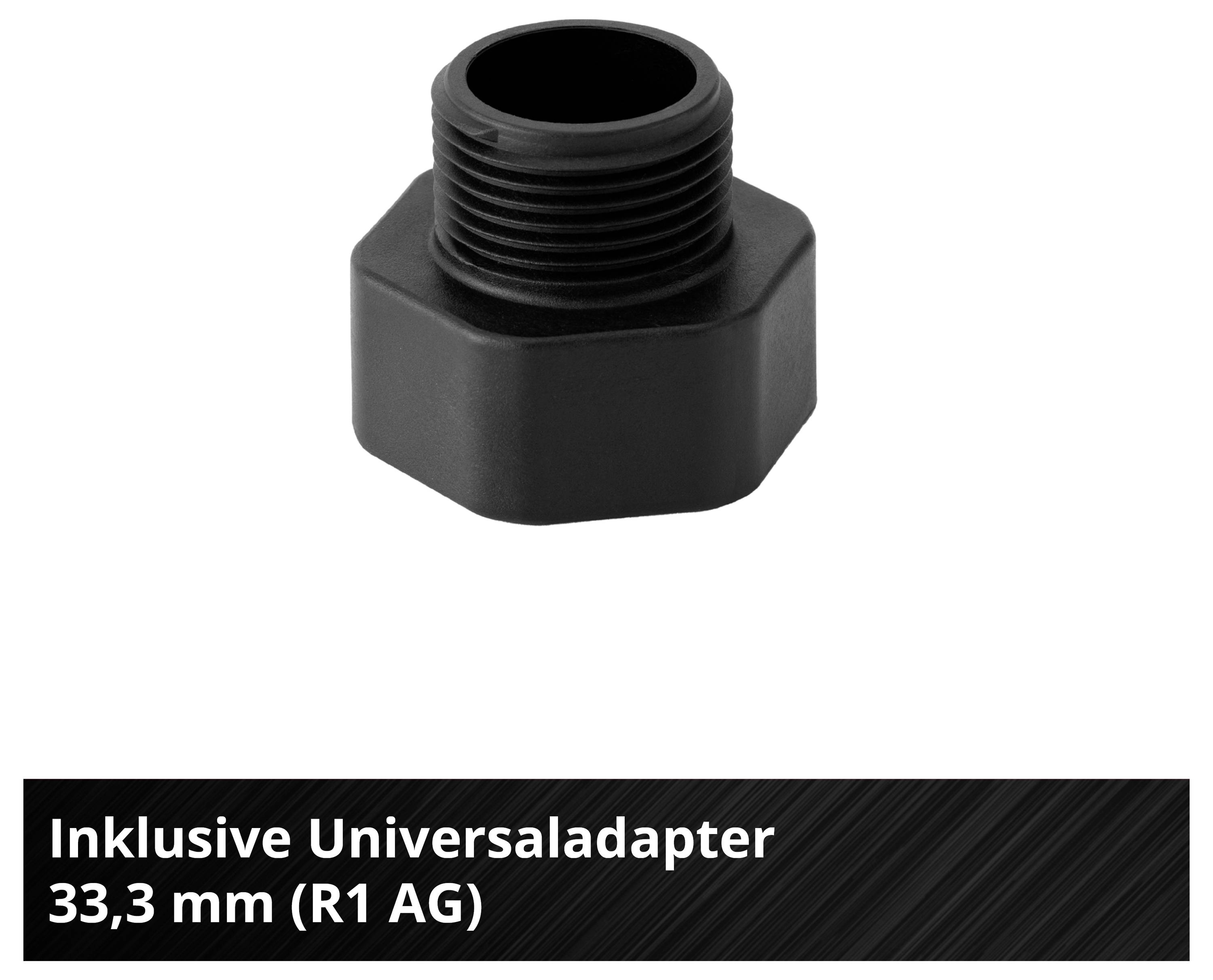 Schwarzer Universaladapter mit Außengewinde; Beschriftung: 'Inklusive Universaladapter 33,3 mm (R1 AG)'.