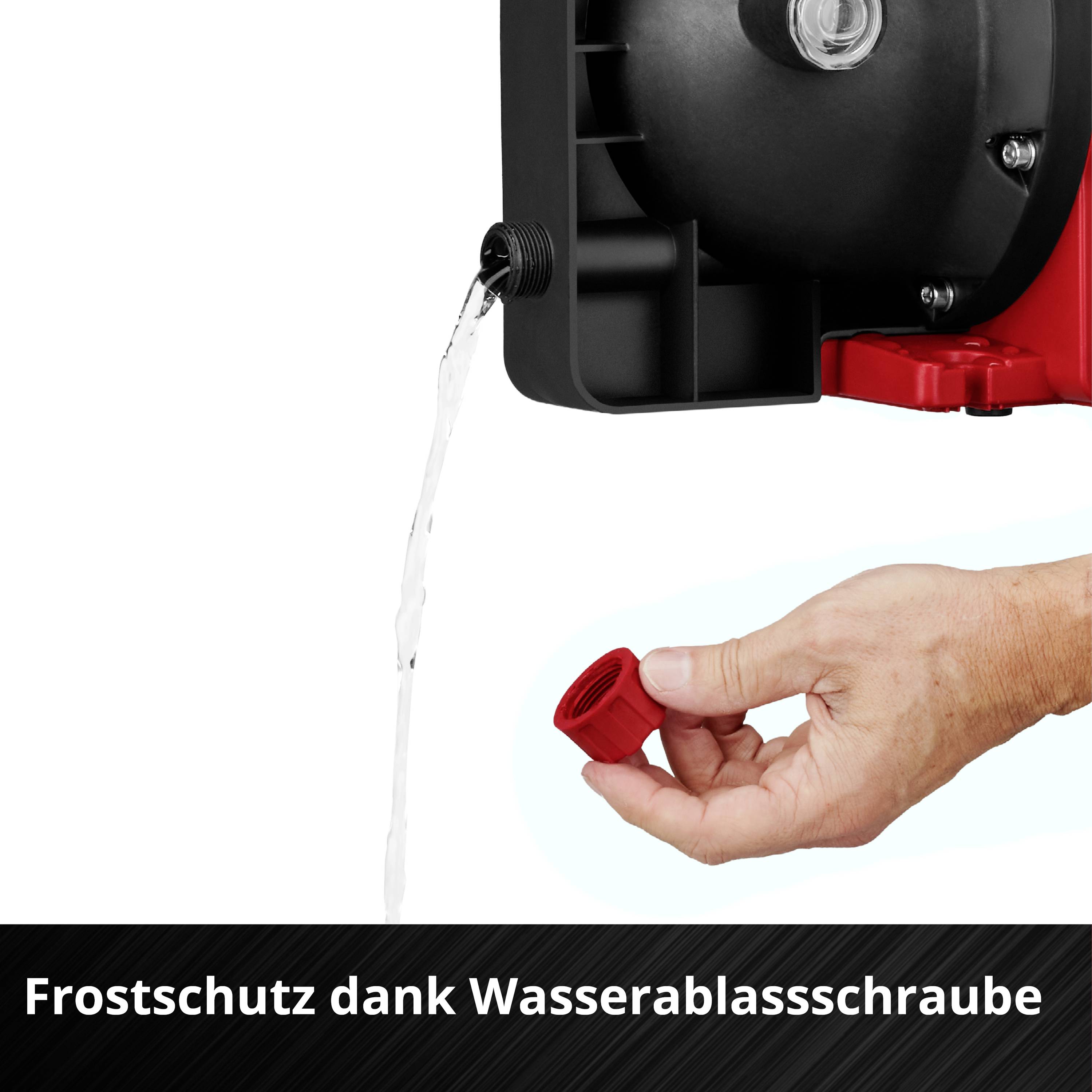 Eine Hand dreht eine Wasserablassschraube, aus der Wasser fließt. Darunter steht: 'Frostschutz dank Wasserablassschraube'.