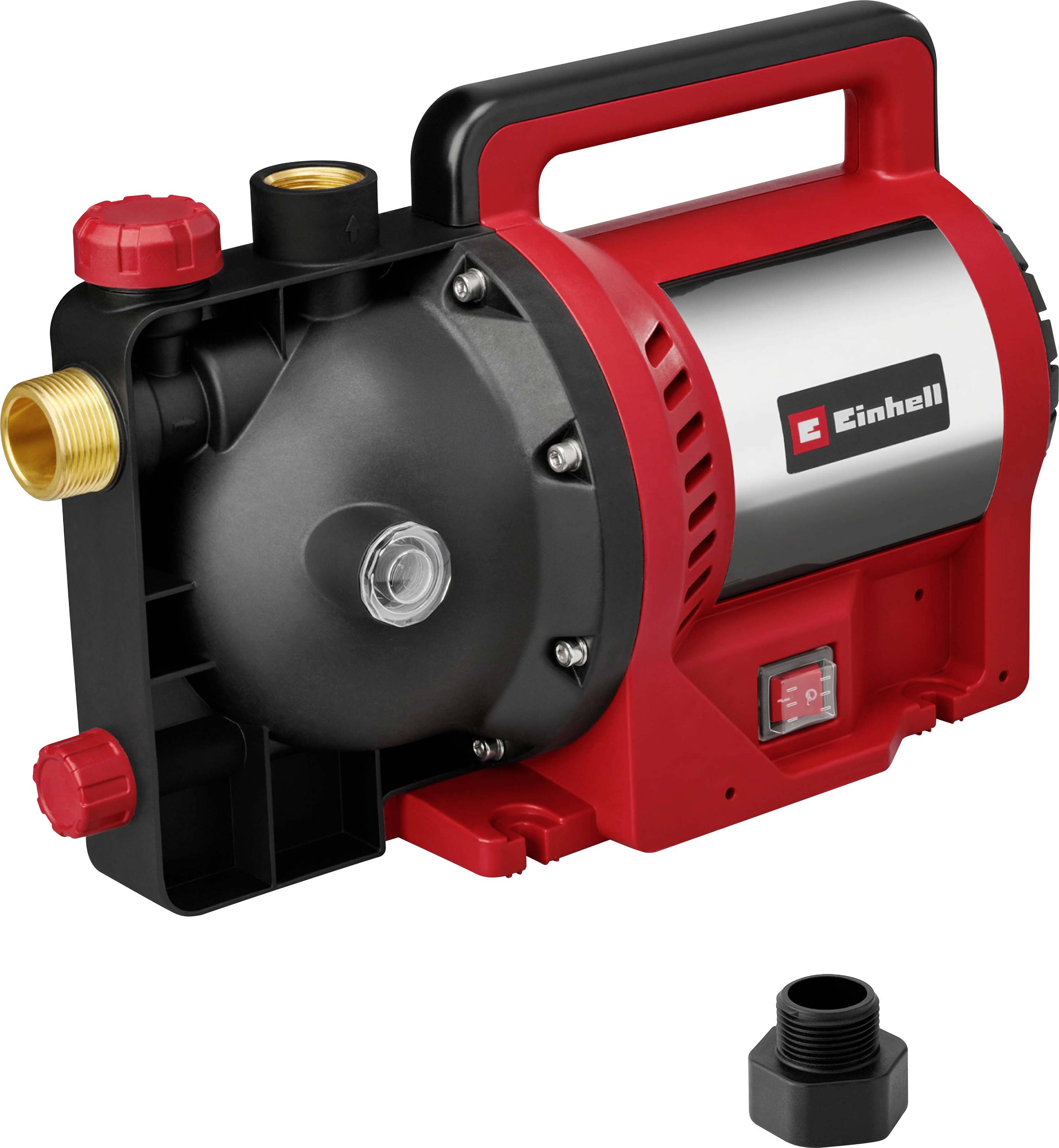 Rote Einhell-Elektrowasserpumpe mit Griff, seitlichem Motorgehäuse, Messing-Ein-/Ausgangsanschlüssen und separatem schwarzem Adapter auf weißem Hintergrund.