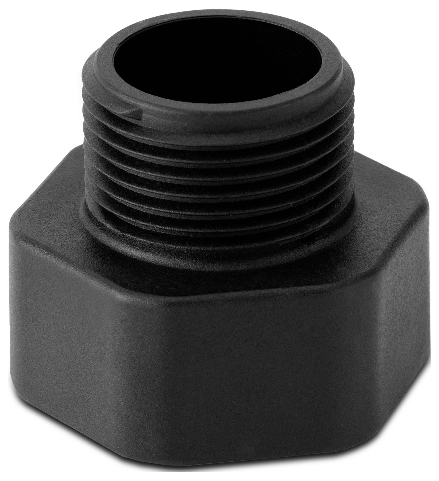Black plastic threaded pipe adapter with a hexagonal base on a white background.