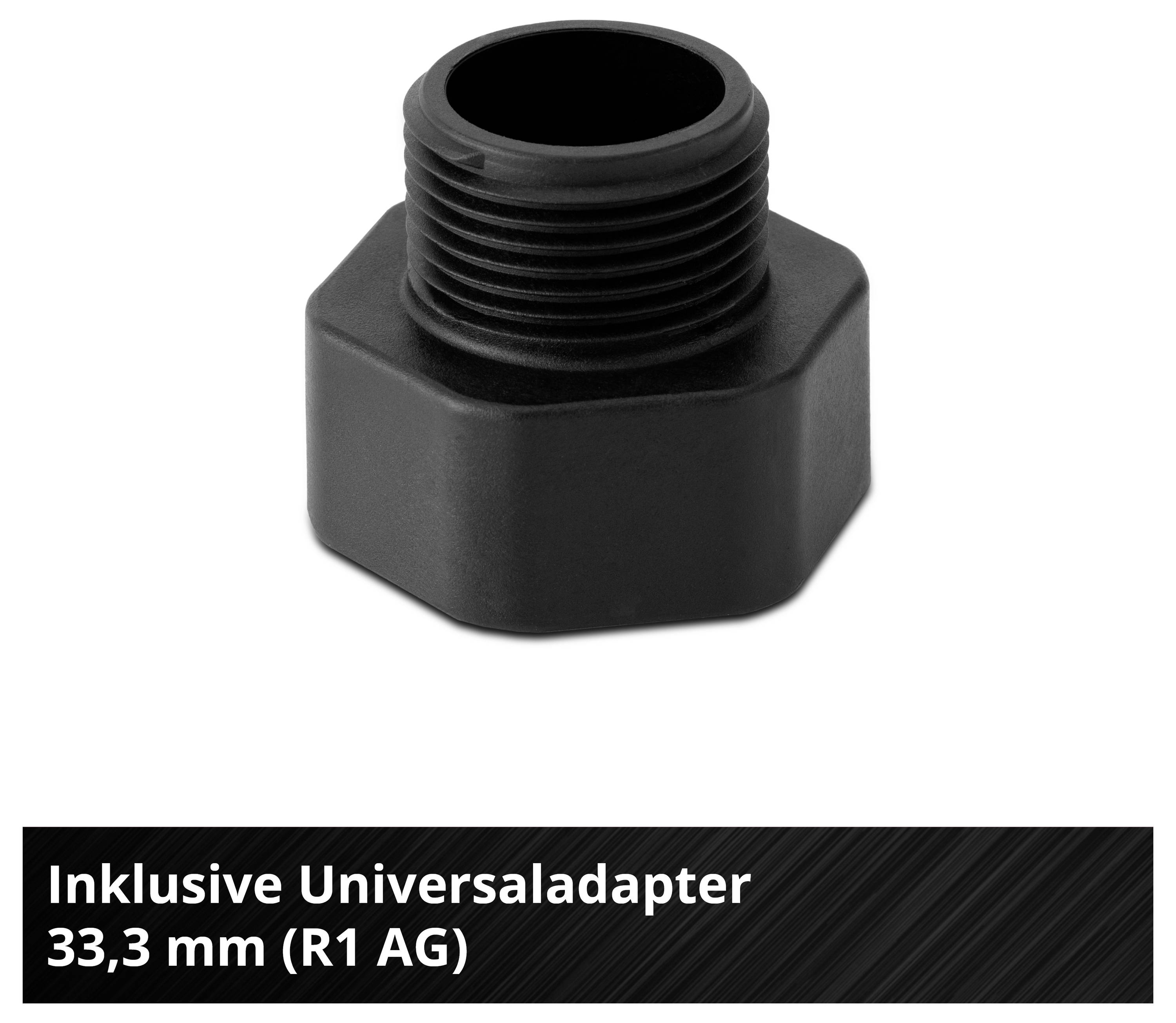 Schwarzer Inklusiv-Universaladapter mit Außengewinde, beschriftet '33,3 mm (R1 AG)'.