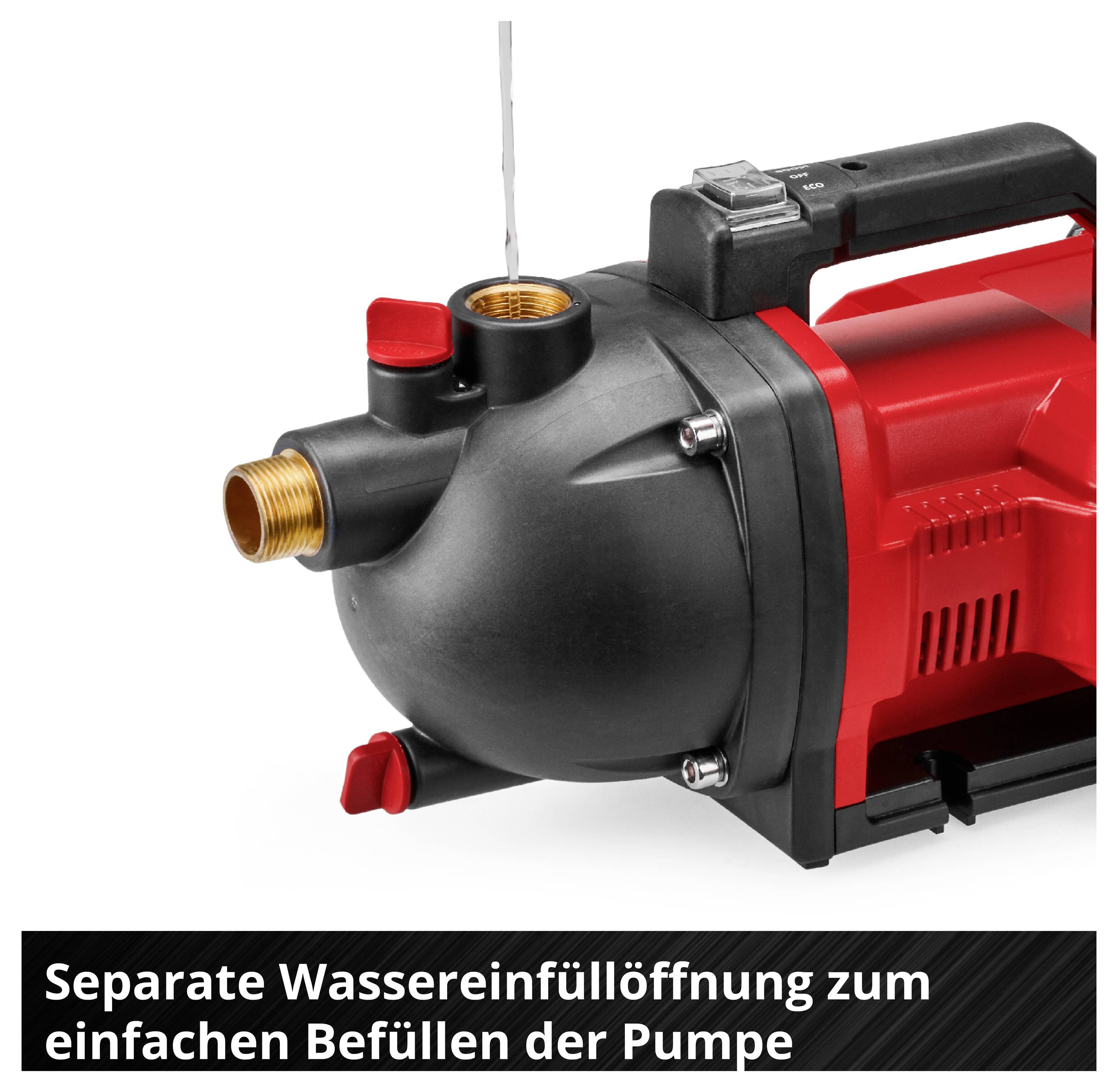 Rote und schwarze Wasserpumpe mit separater Wassereinfüllöffnung; Text: 'Separate Wassereinfüllöffnung zum einfachen Befüllen der Pumpe'.