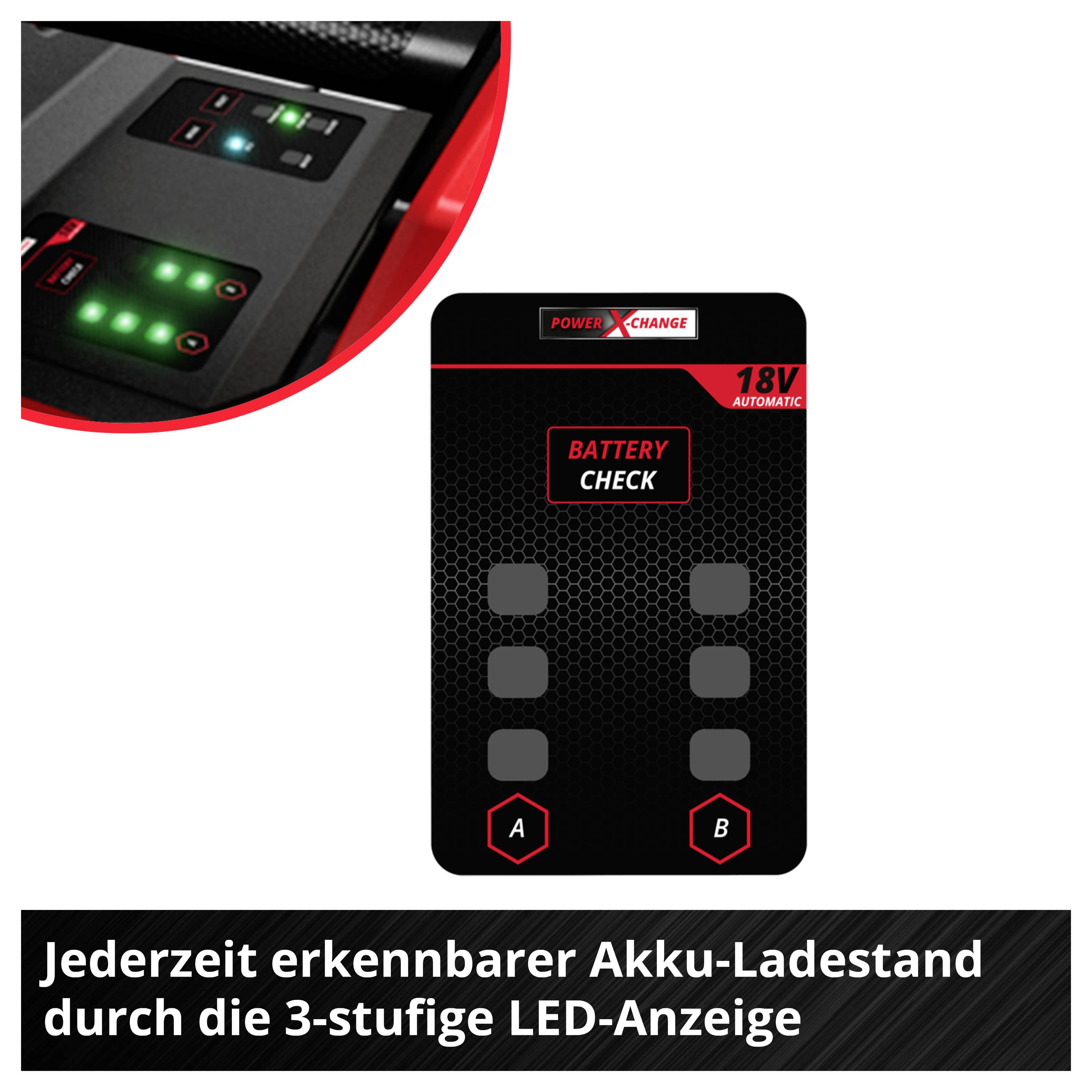 Akku-Ladezustand mit 3-stufiger LED-Anzeige und 'Battery Check' für 18V Power X-Change; Text: 'Jederzeit erkennbarer Akku-Ladestand durch die 3-stufige LED-Anzeige'