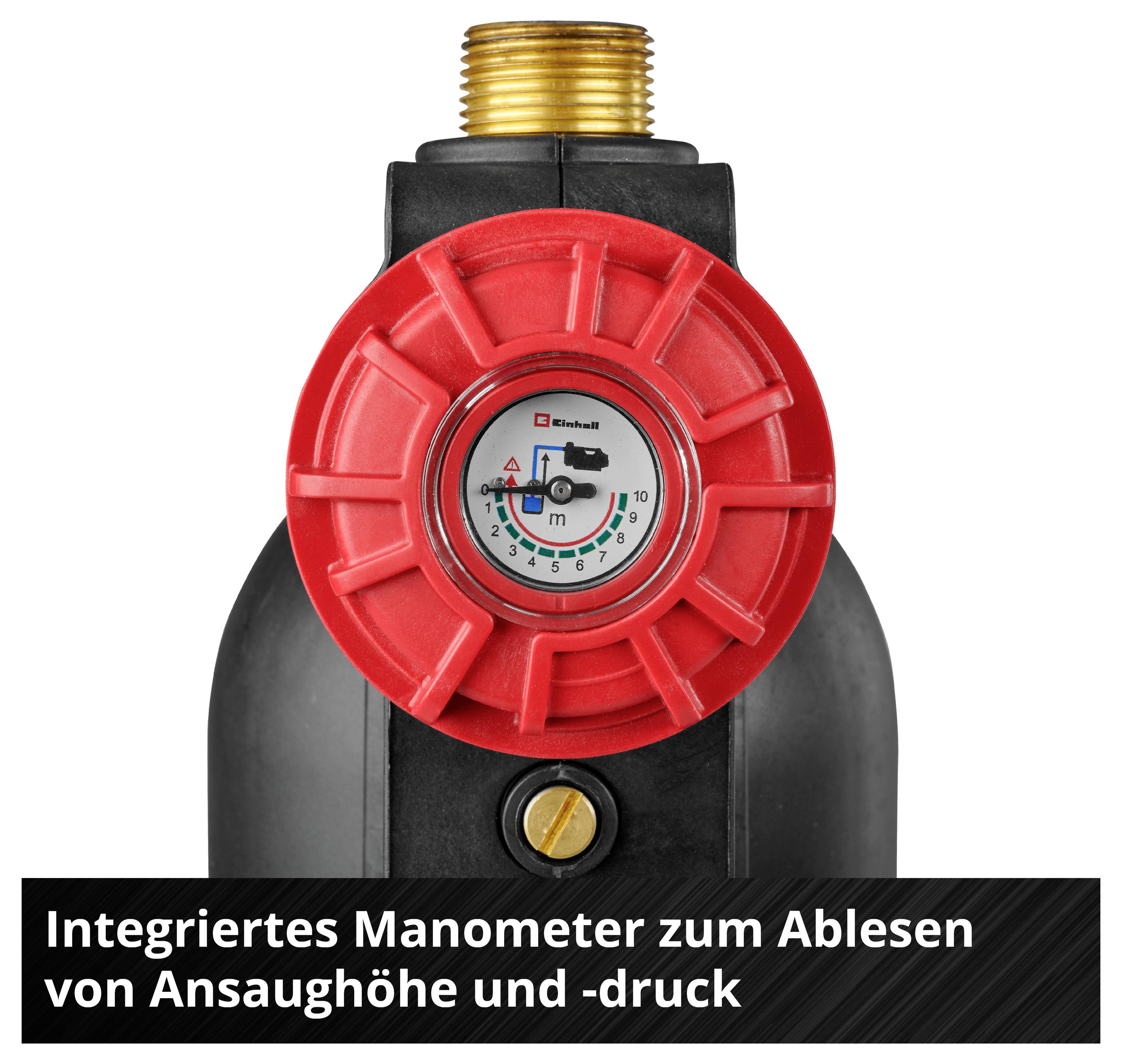 Schwarze Pumpen-/Filtereinheit mit rotem Gehäuse und integriertem Manometer; Anzeige zum Ablesen von Ansaughöhe und -druck.