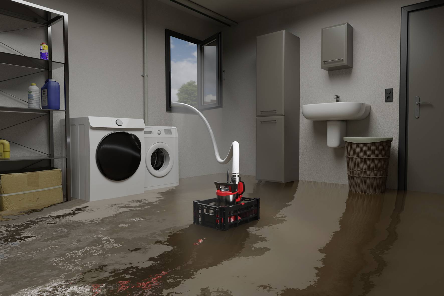 Ein mit Wasser überfluteter Kellerraum mit Waschmaschine, Waschbecken und einer Pumpe in der Mitte, die Wasser absaugt.