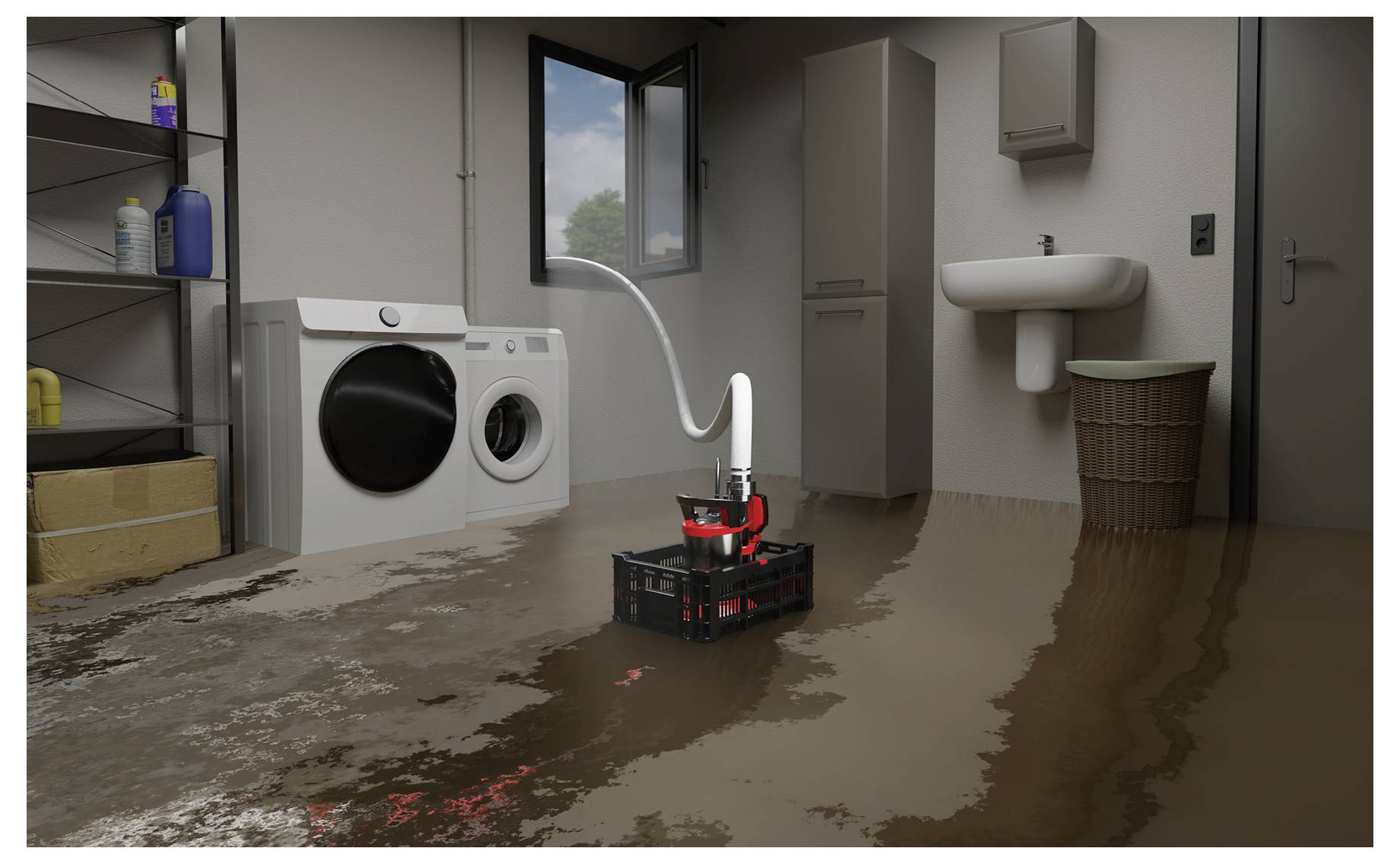 Überflutetes Waschzimmer mit stehendem braunem Wasser, Waschmaschine und Trockner teilweise unter Wasser, und eine Pumpe oder ein Filter in einer Kiste in der Mitte.