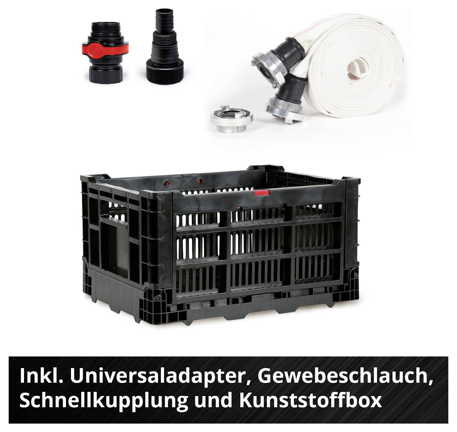 Kunststoffbox mit Universaladapter, Gewebeschlauch und Schnellkupplung; Text: 'Inkl. Universaladapter, Gewebeschlauch, Schnellkupplung und Kunststoffbox'.