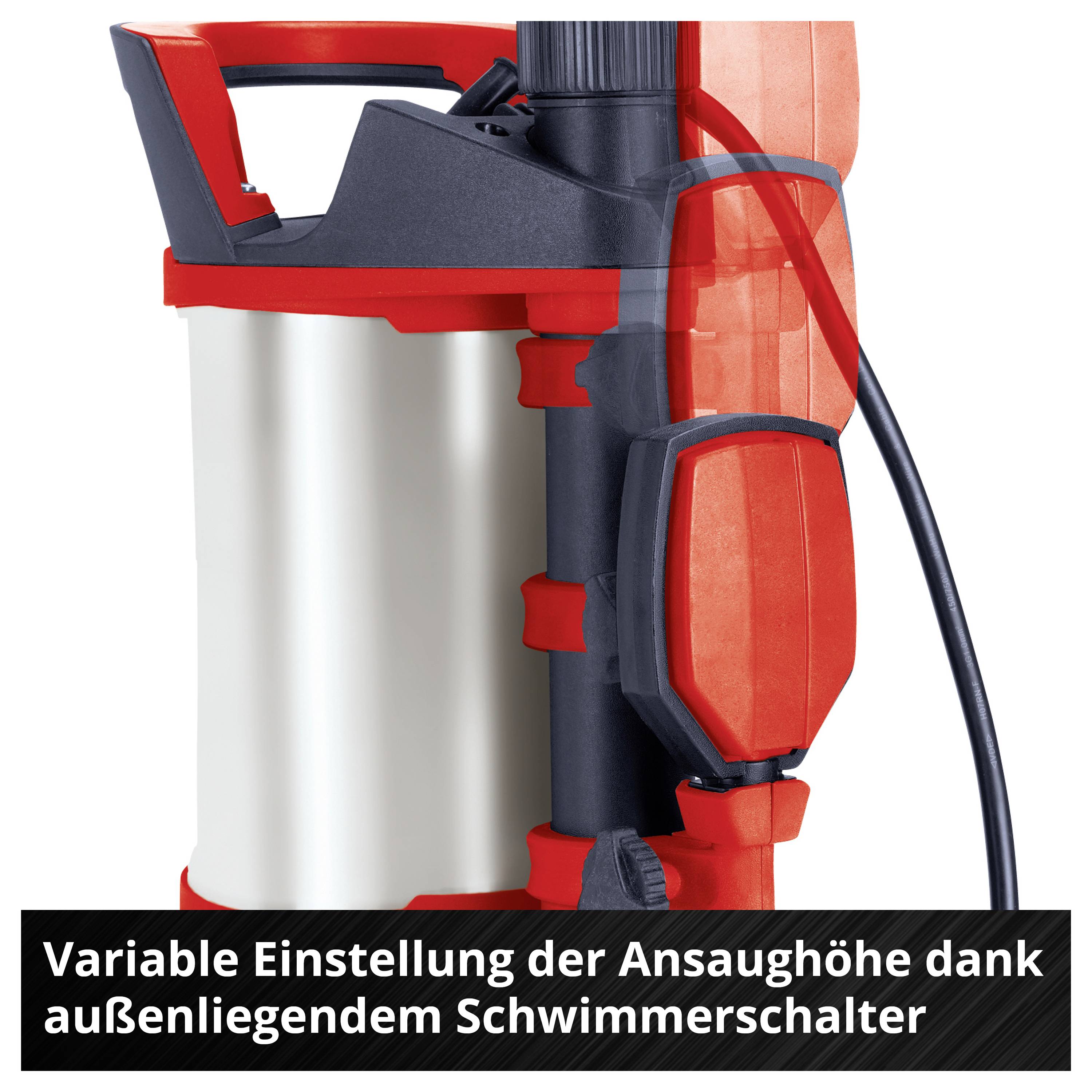 Roter und silberner Staubsauger mit sichtbarem Schwimmerschalter; Text: 'Variable Einstellung der Ansaughöhe dank außenliegendem Schwimmerschalter'