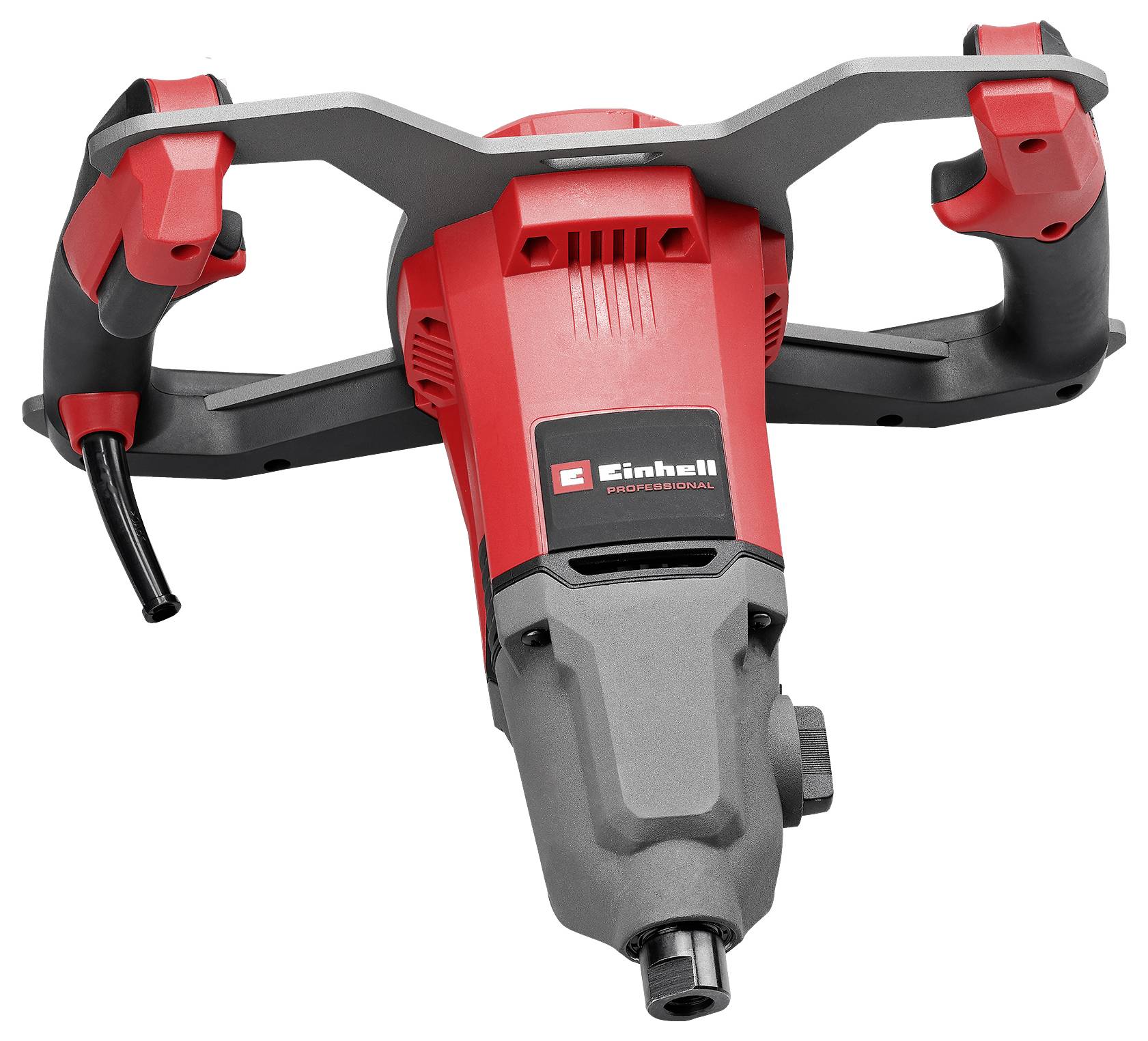 Rote und graue Handrührmaschine von 'Einhell', ideal für Mischen von Farben und Mörtel, robuste Bauweise mit ergonomischen Griffen.