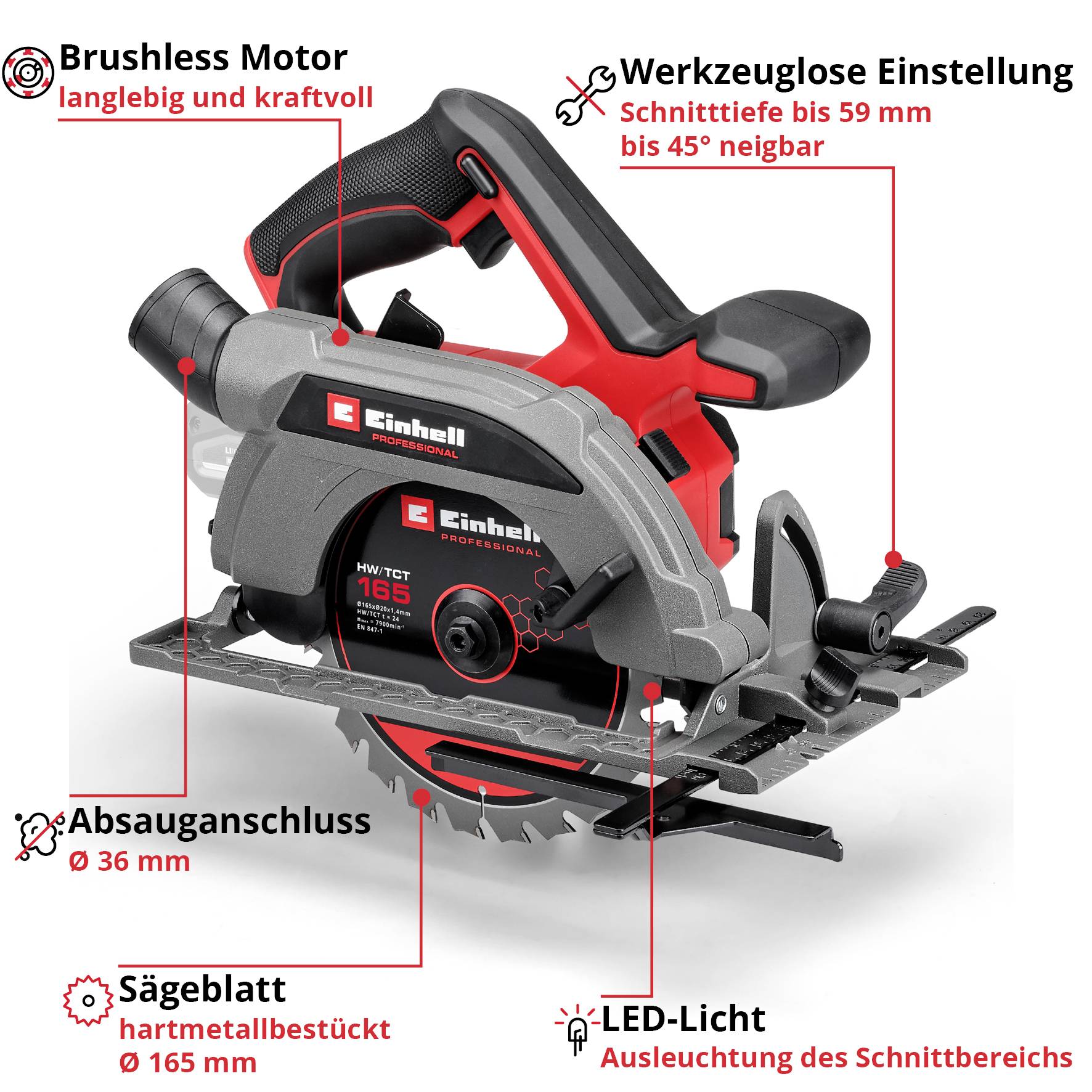 Eine Kreissäge mit Features: bürstenloser Motor, werkzeuglose Einstellung, Absauganschluss, Hartmetall-Sägeblatt, LED-Licht.