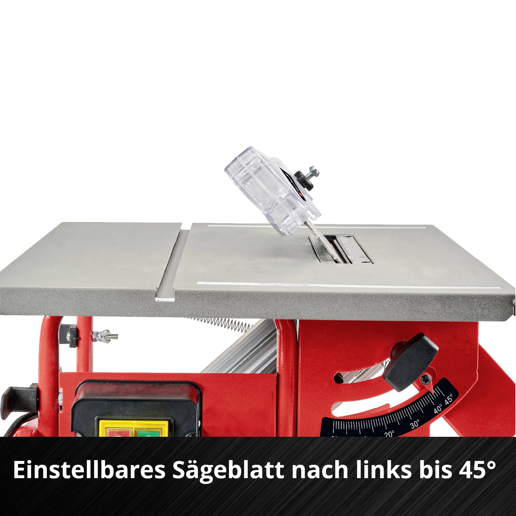 Einstellbares Sägeblatt, neigbar nach links bis 45 Grad, auffällige rote Maschine.