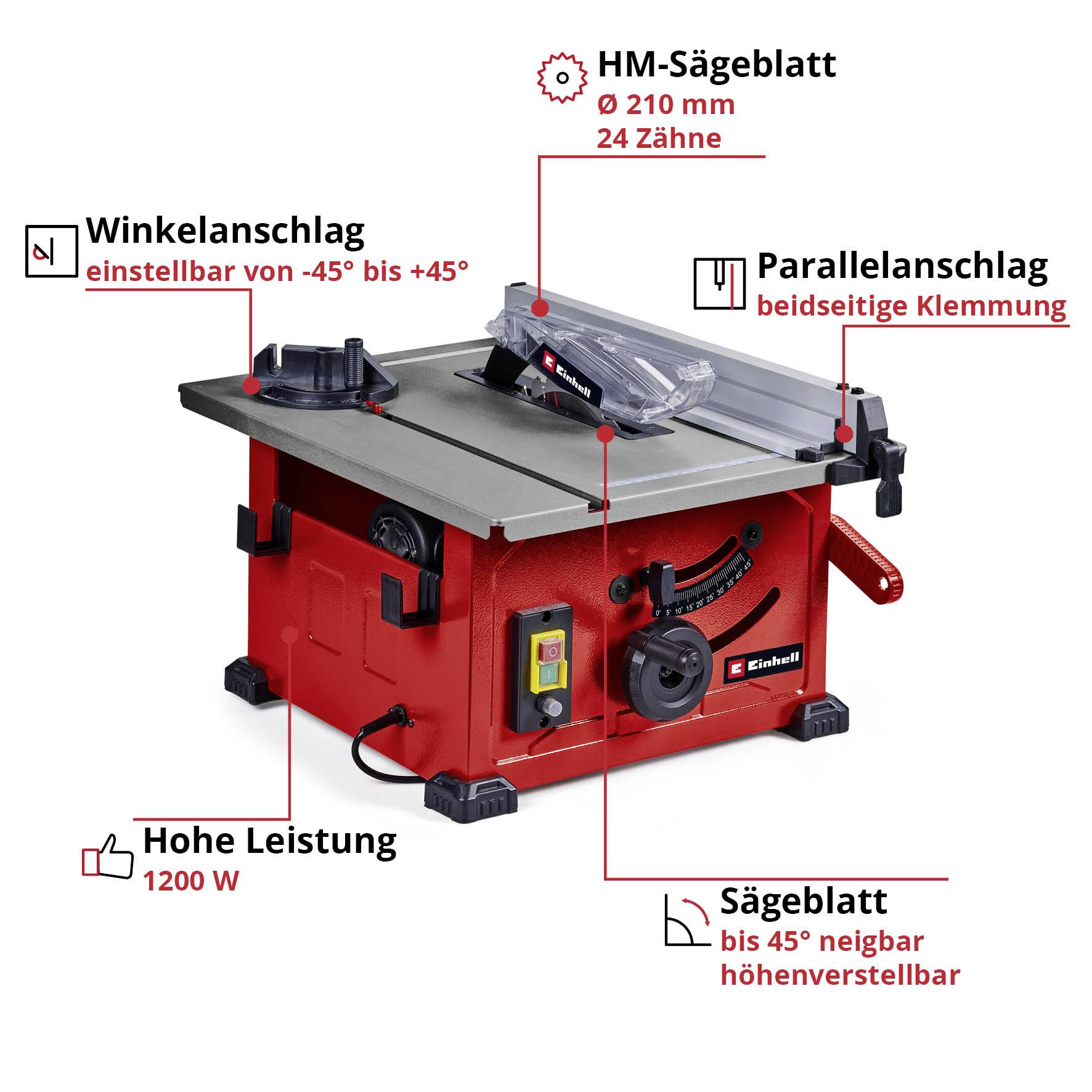 Kompakte Tischkreissäge mit 1200 W Leistung, verstellbarem Winkelanschlag, HM-Sägeblatt (210 mm, 24 Zähne) und paralleler Klemmung.