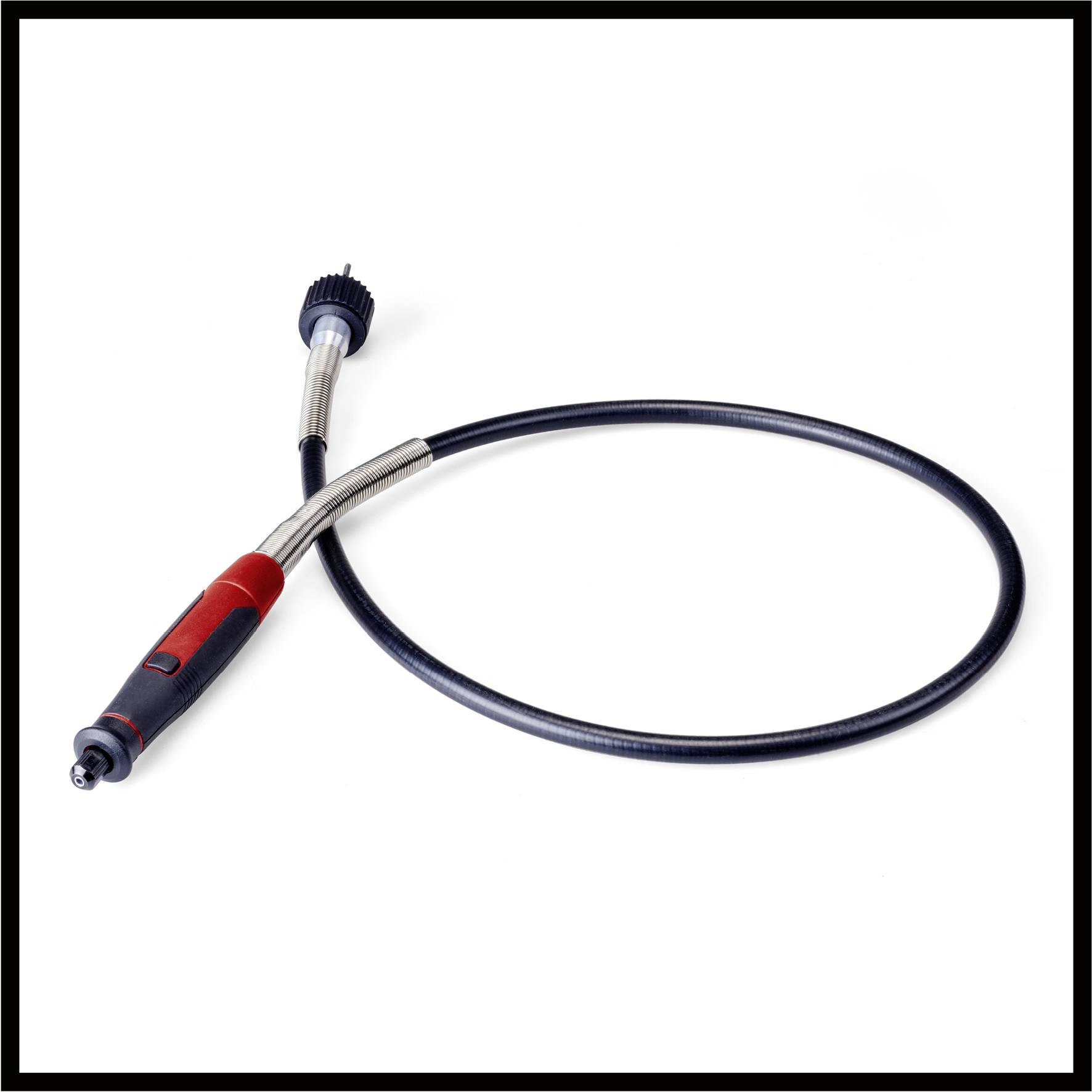 Ein flexibler Bohrvorsatz mit einem rot-schwarzen Griff und Metallspitze, geeignet für den Einsatz an schwer zugänglichen Stellen.