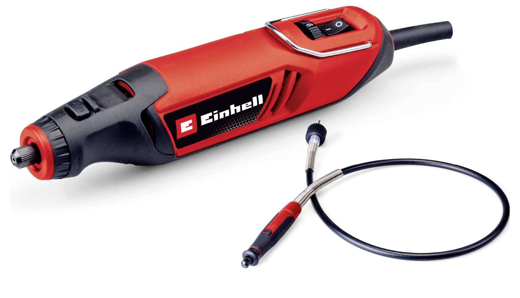 Rotes und schwarzes Multifunktionswerkzeug mit biegsamer Welle von 'Einhell', geeignet für präzise Arbeiten an verschiedenen Materialien.