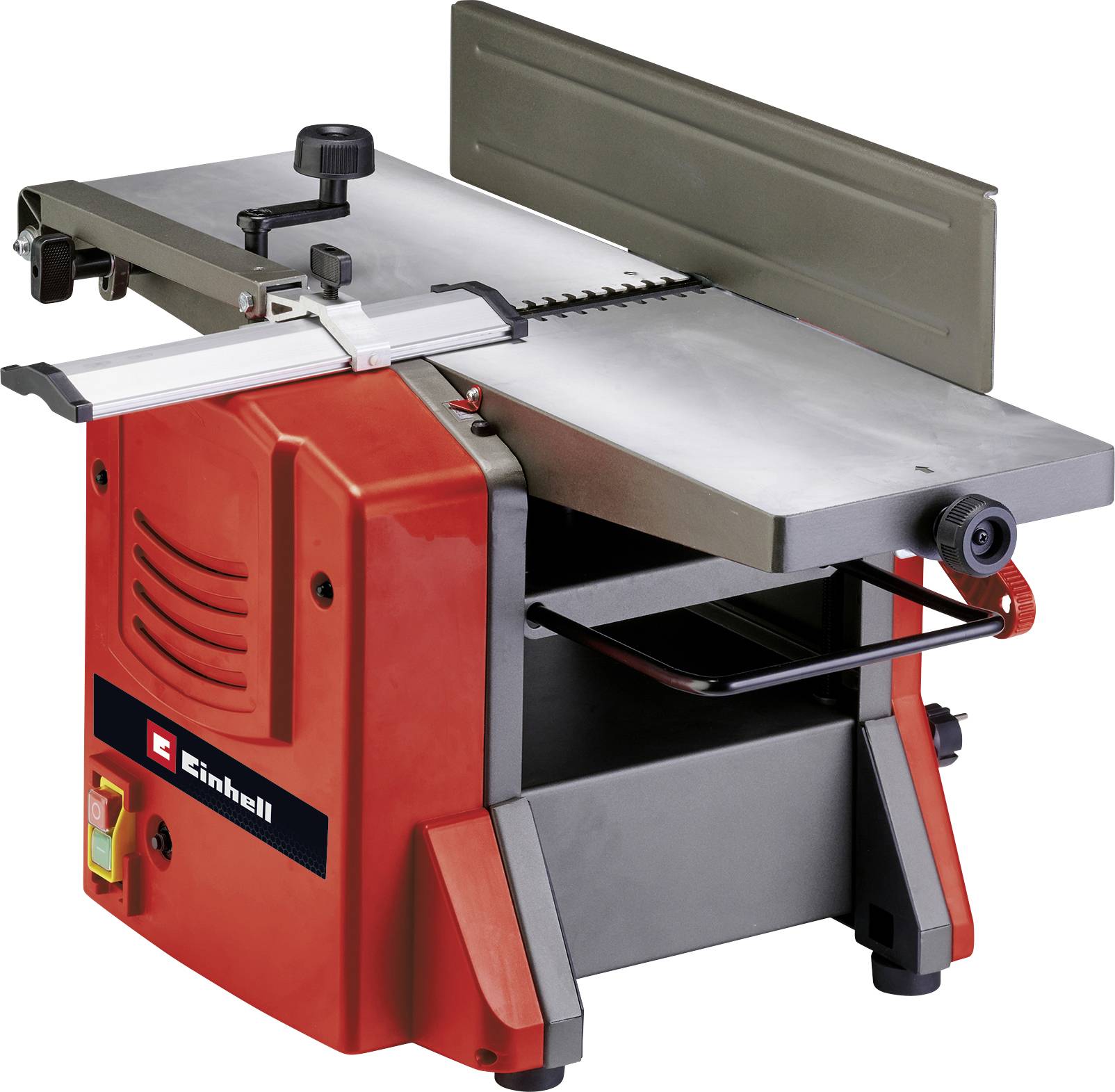 Eine rote Tisch-Hobelmaschine mit metallischer Oberfläche und einstellbaren Knöpfen, verwendet zur Holzverarbeitung.