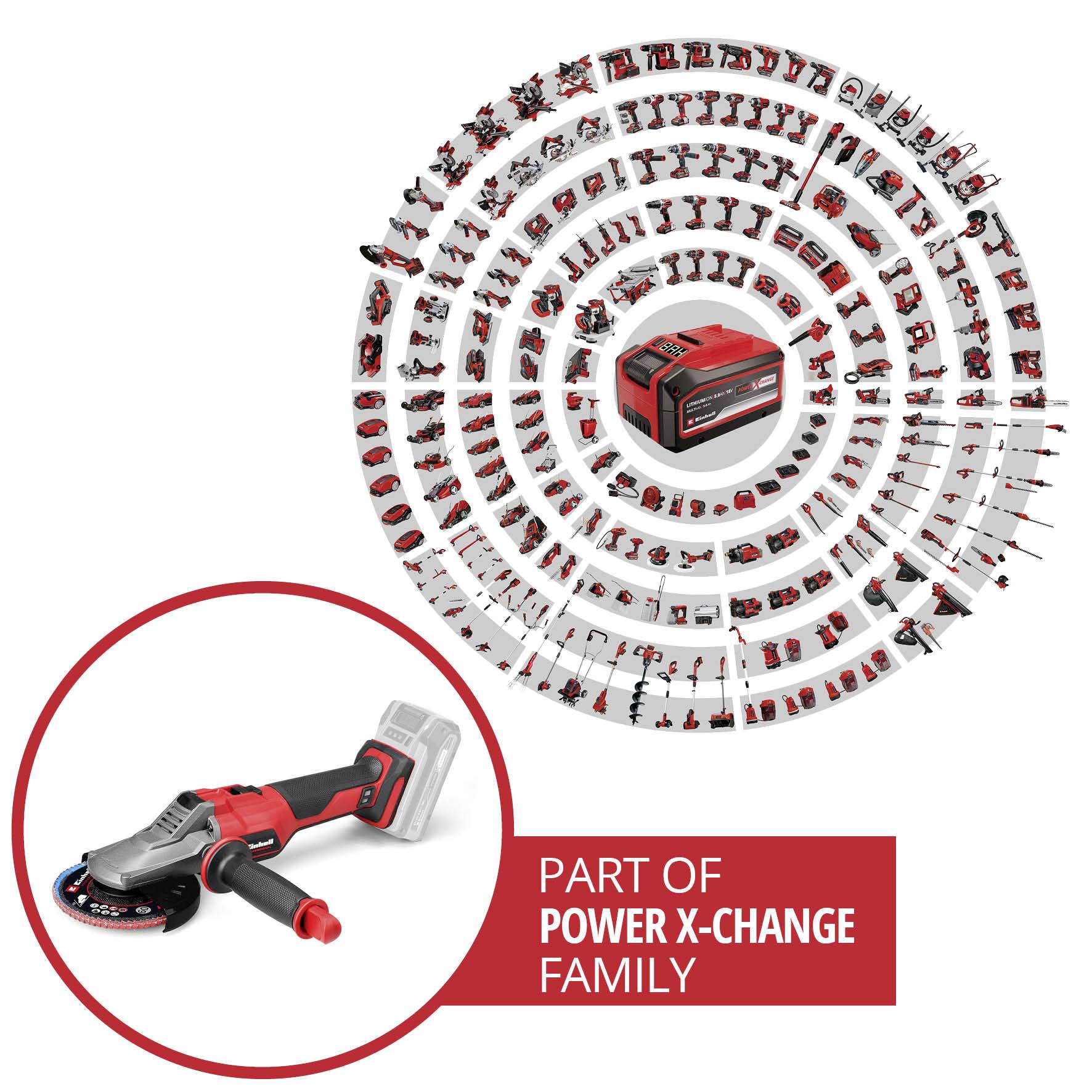 Ein Winkelschleifer im Vordergrund, umgeben von einer Vielzahl von Werkzeugen in einem kreisförmigen Layout. Text: 'Part of Power X-Change Family'.
