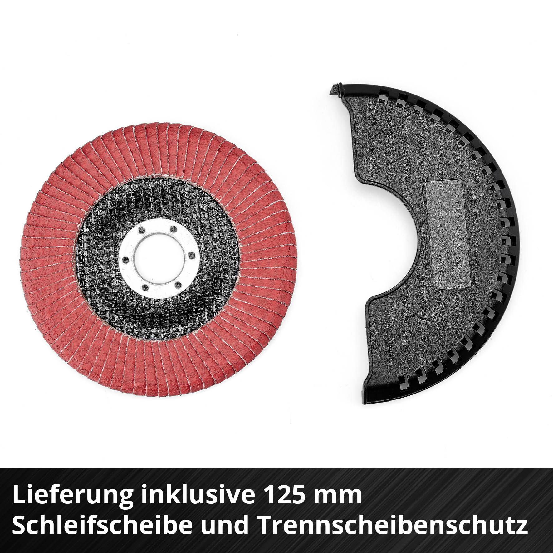 'Lieferung inklusive 125 mm Schleifscheibe und Trennscheibenschutz.' Rote Schleifscheibe und schwarz geschwungener Schutz.