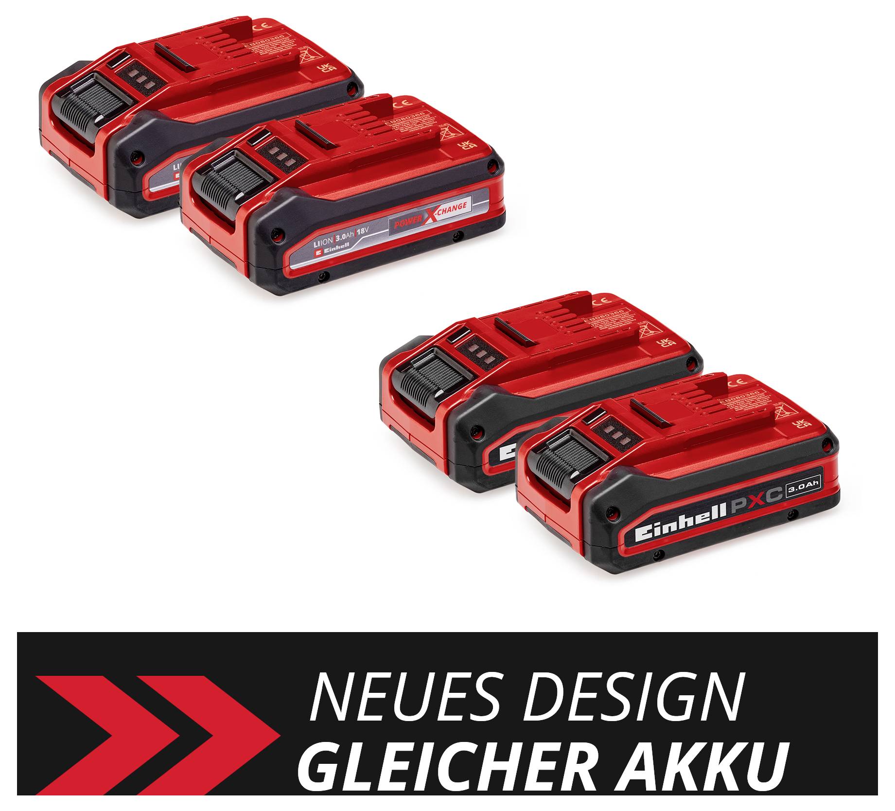 'Zwei rote Akkus mit Aufschrift 'Einhell PXC'. Text darunter: 'Neues Design, gleicher Akku'.'
