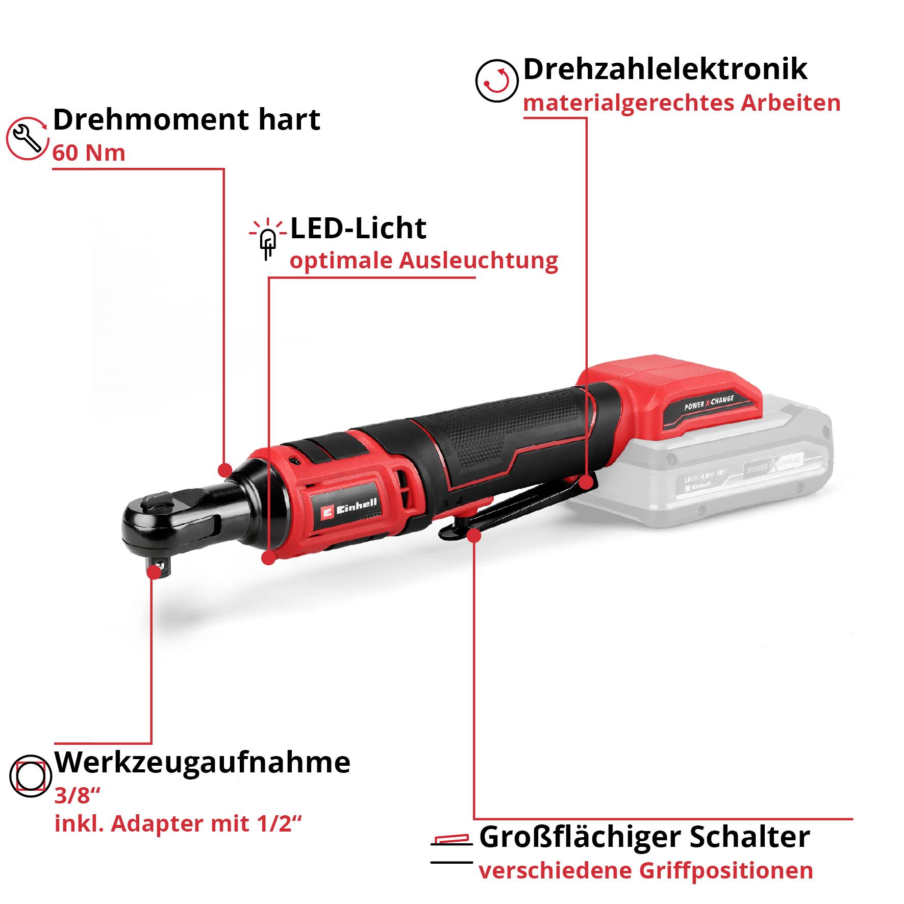 Akkuschrauber mit Drehmomenteinstellung, LED-Beleuchtung, Werkzeugaufnahme und großflächigem Schalter. Drehzahlelektronik vorhanden.