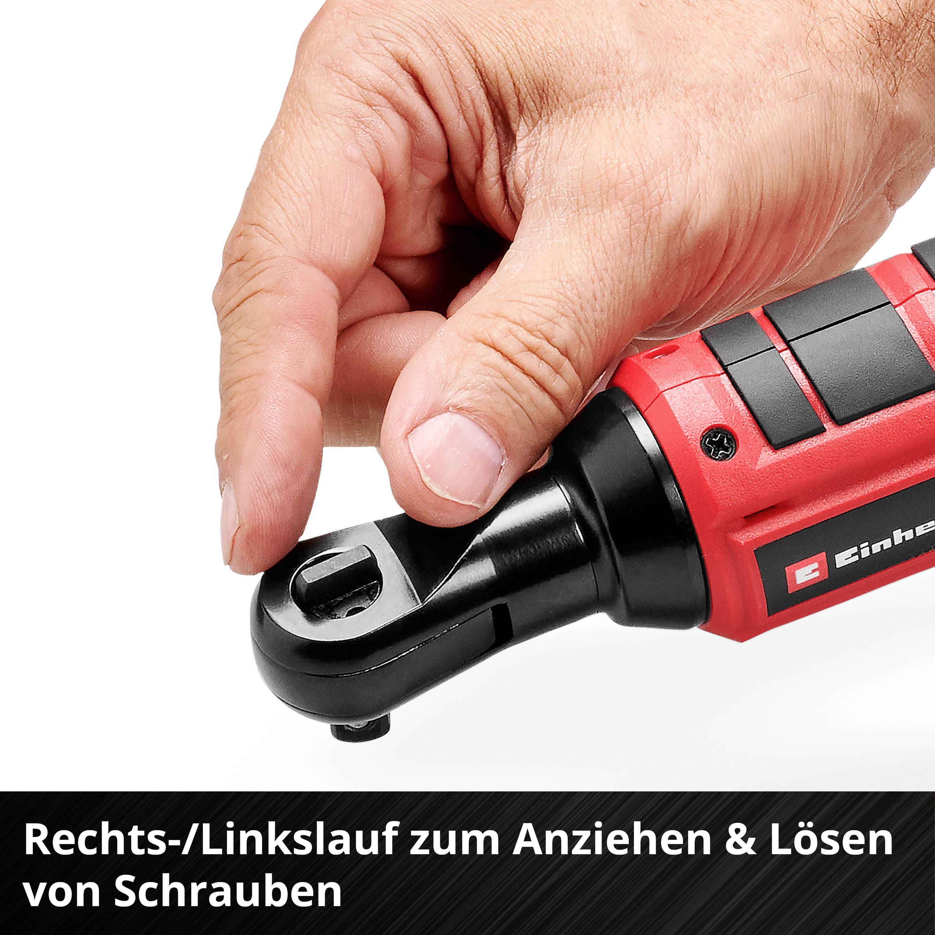 Eine Hand hält einen elektrischen Schraubendreher mit einem rot-schwarzen Griff. Text: 'Rechts-/Linkslauf zum Anziehen & Lösen von Schrauben'.