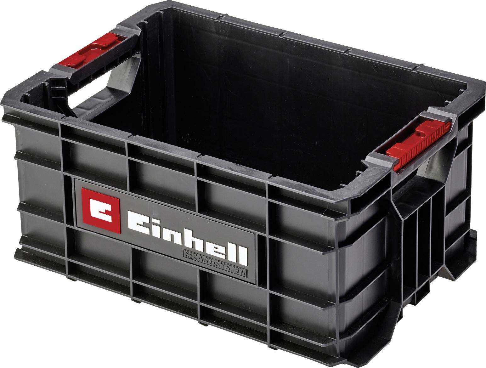 Eine schwarze Kunststoffbox mit rotem Griff und einem 'Einhell' Logo auf der Seite. Sie ist leer und für die Aufbewahrung geeignet.