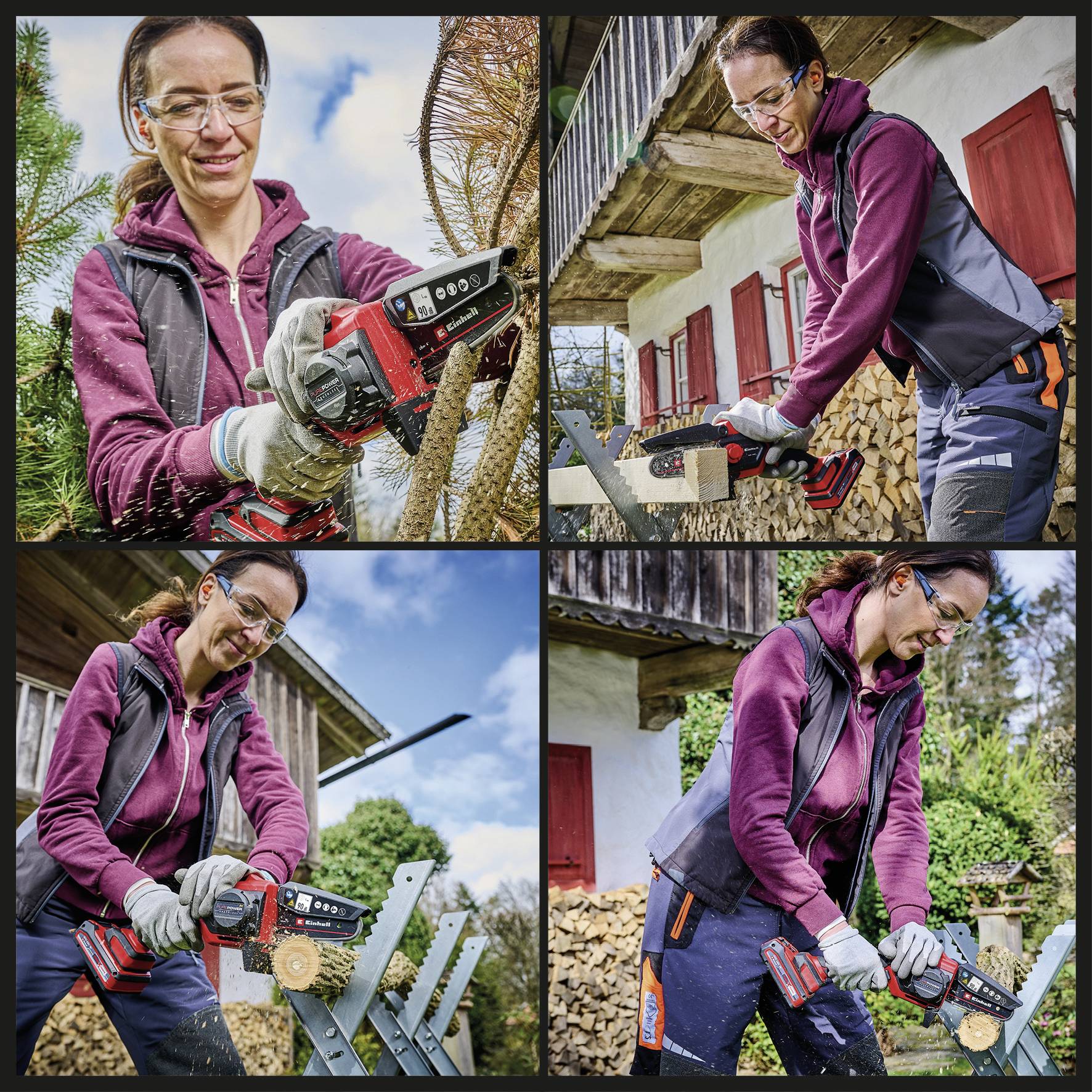 Eine Frau sägt mit einer Motorsäge im Garten, umgeben von Bäumen und Holzstapeln. Sie trägt Schutzbrille und Handschuhe.