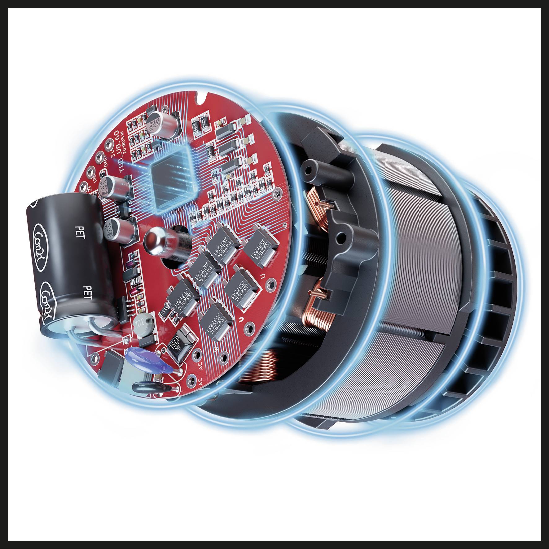 Ein moderner Elektromotor mit freiliegenden Kupferspulen und einer roten Leiterplatte, die elektronische Komponenten zeigt.
