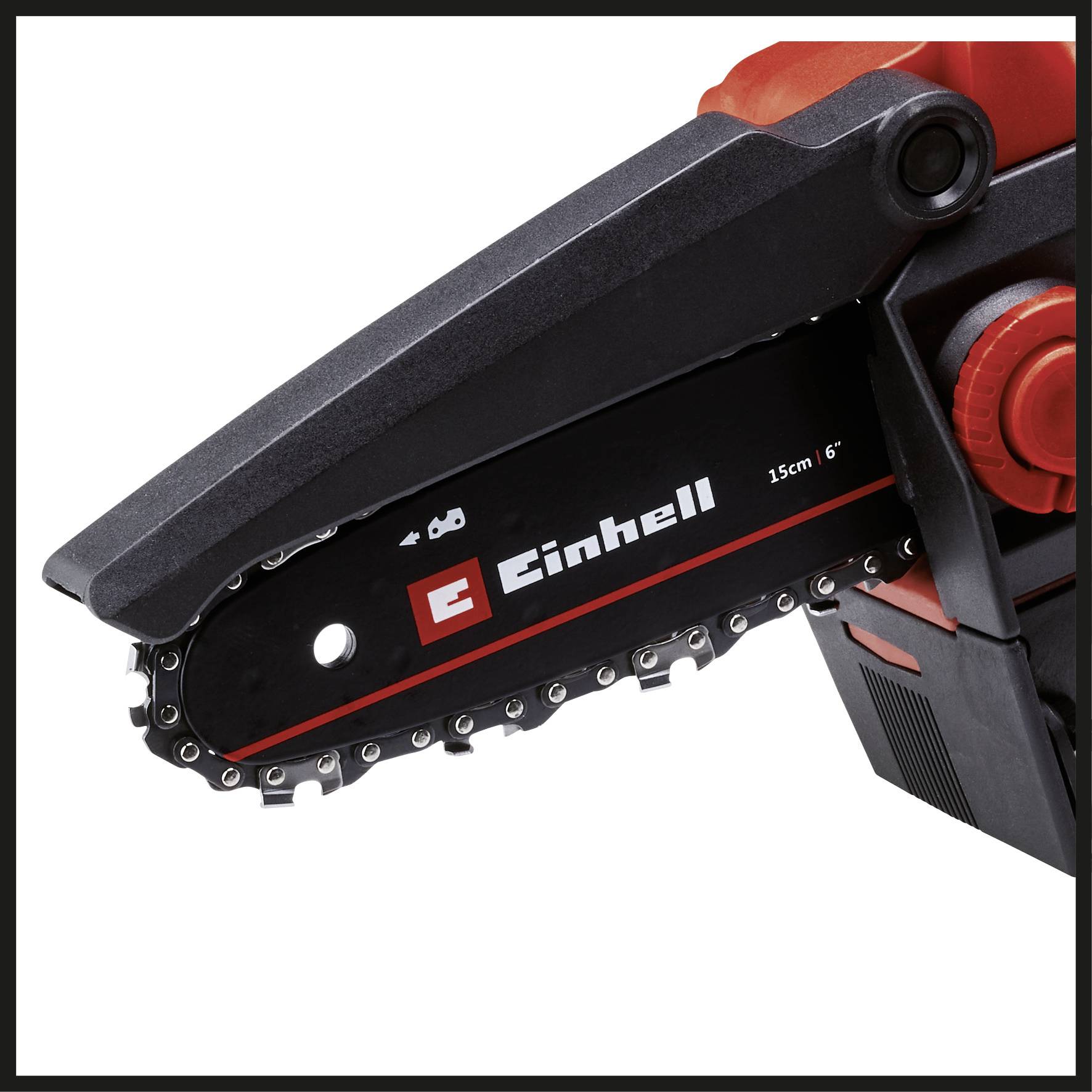 Kettensäge mit rotem und schwarzem Design, Markenlogo 'Einhell', 15 cm Kettenlänge.