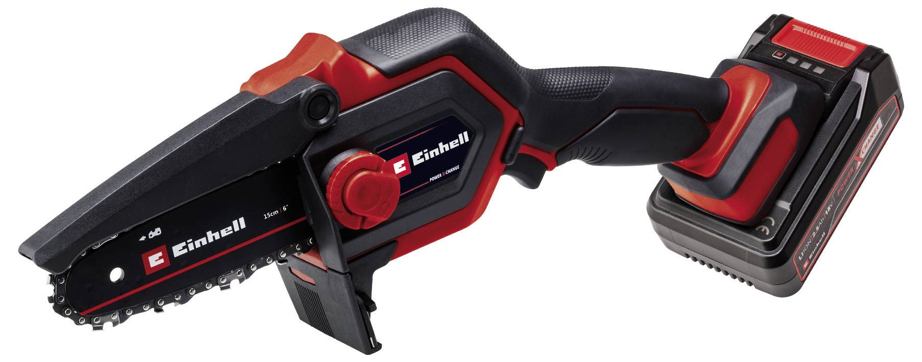 Einhand-Akku-Kettensäge in Schwarz und Rot mit Akku-Pack rechts.