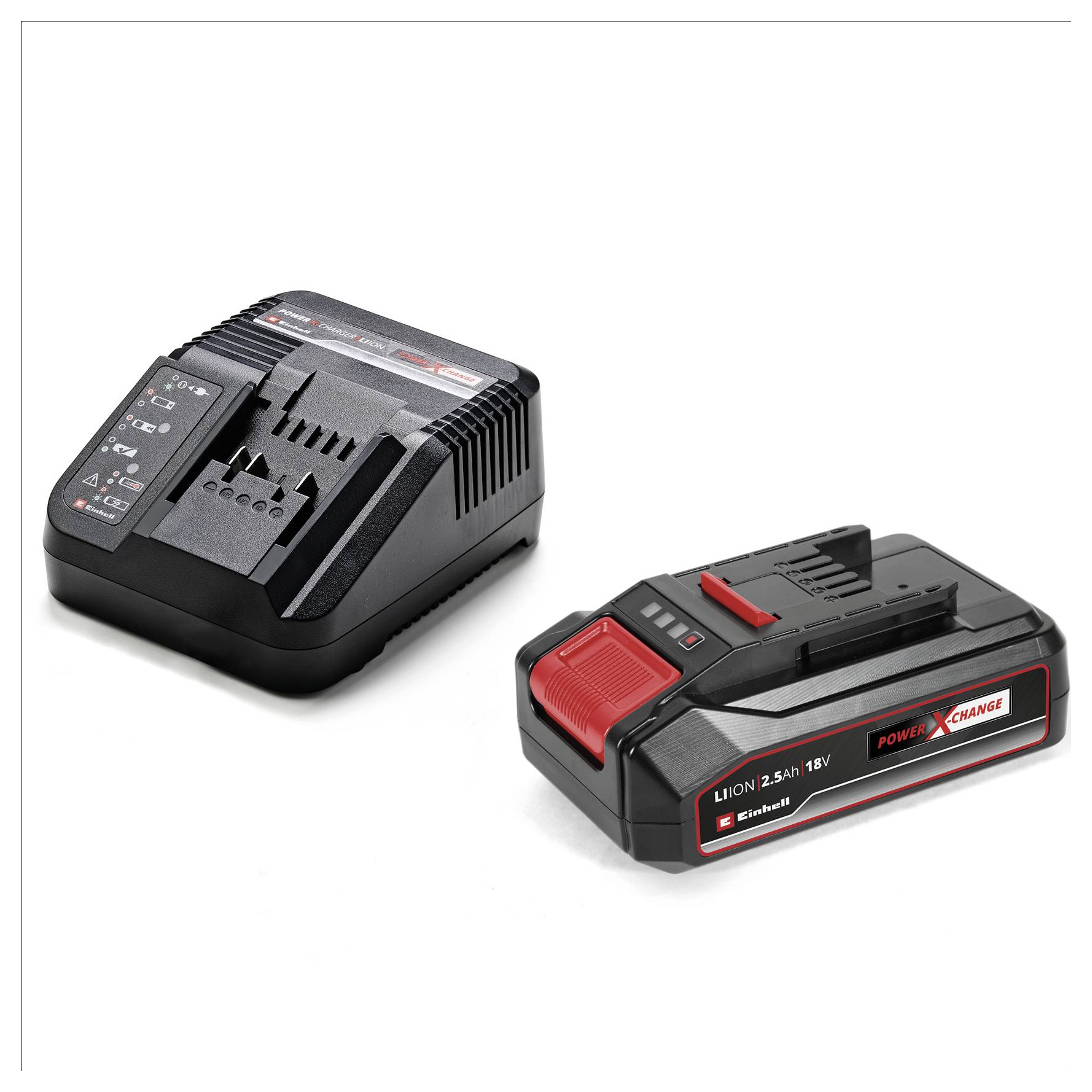 Ladegerät und 18V Akku auf weißem Hintergrund. Akku und Ladegerät passend für Einhell Power X-Change-Geräte.