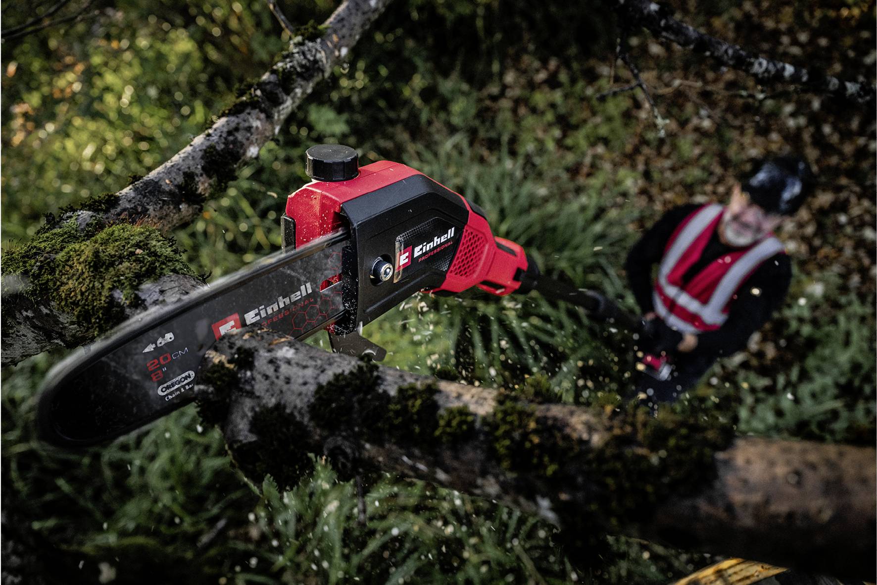 Eine Person mit Sicherheitsweste und Helm verwendet eine Einhell-Kettensäge, um Äste von einem Baum zu schneiden.