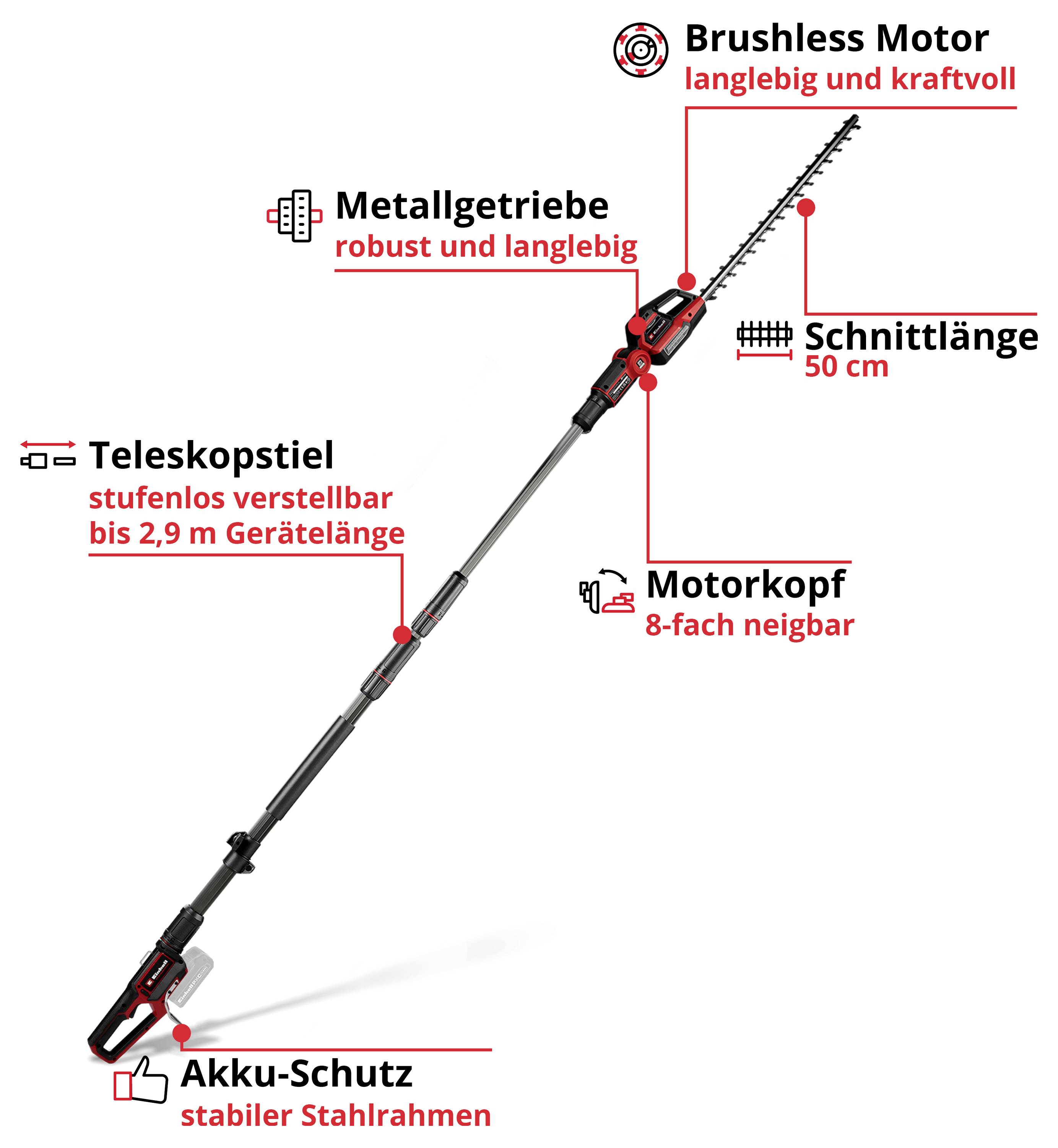 Illustration einer Teleskop-Astsäge mit Akku: Brushless-Motor, Metallgetriebe, 50 cm Schnittlänge, 8-fach neigbarer Motorkopf, stufenlos verstellbar bis 2,9 m