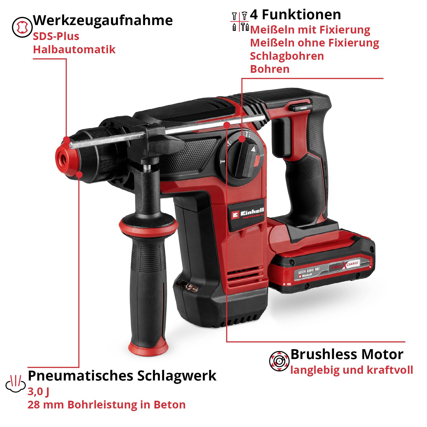 Einhell Professional TP-HD 18/28 Li BL+4 (1x3,0Ah+) -Akku-Bohrhammer 18V 3Ah Li-Ion