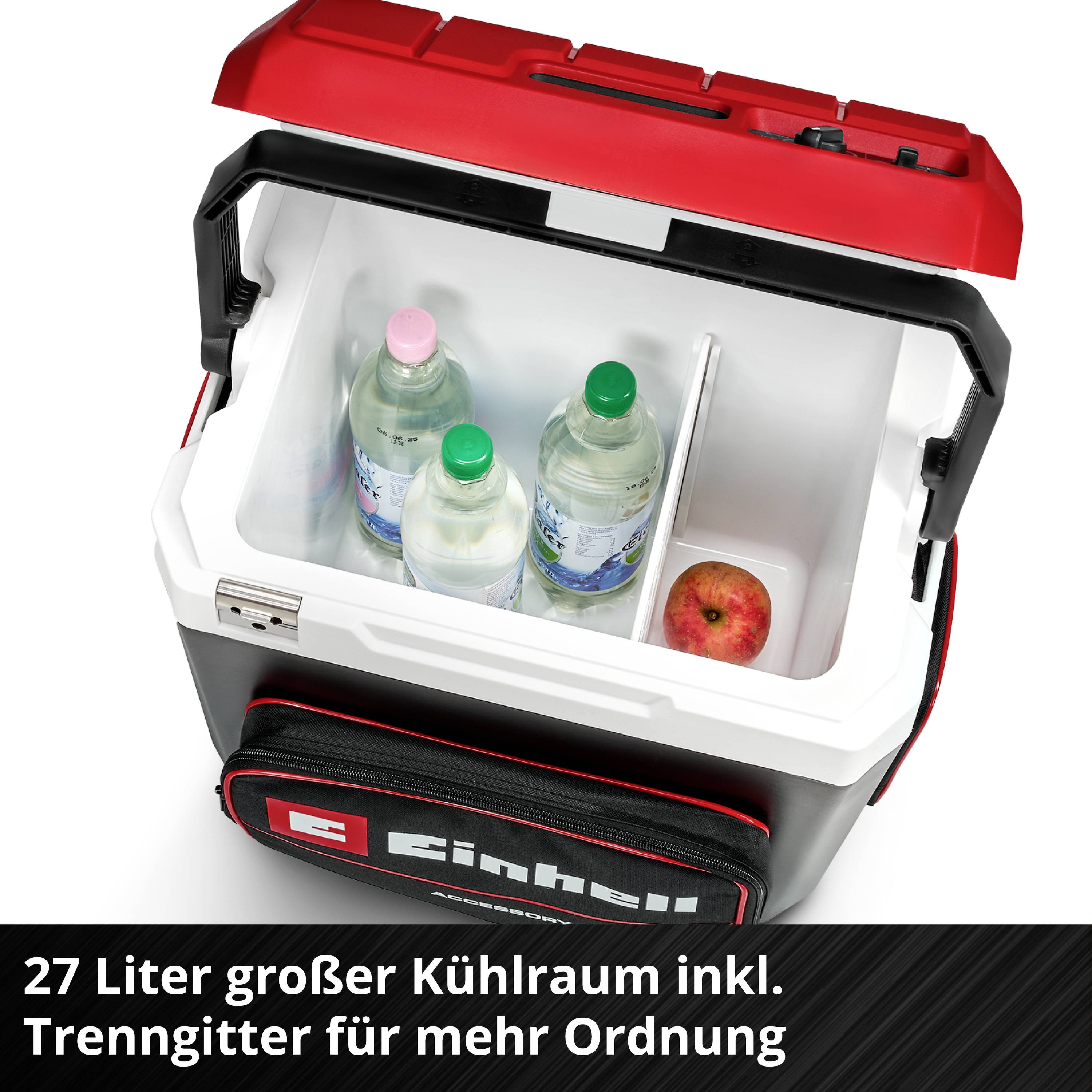 Kühlbox mit Flaschen und Apfel. Text: '27 Liter großer Kühlraum inkl. Trenngitter für mehr Ordnung'.