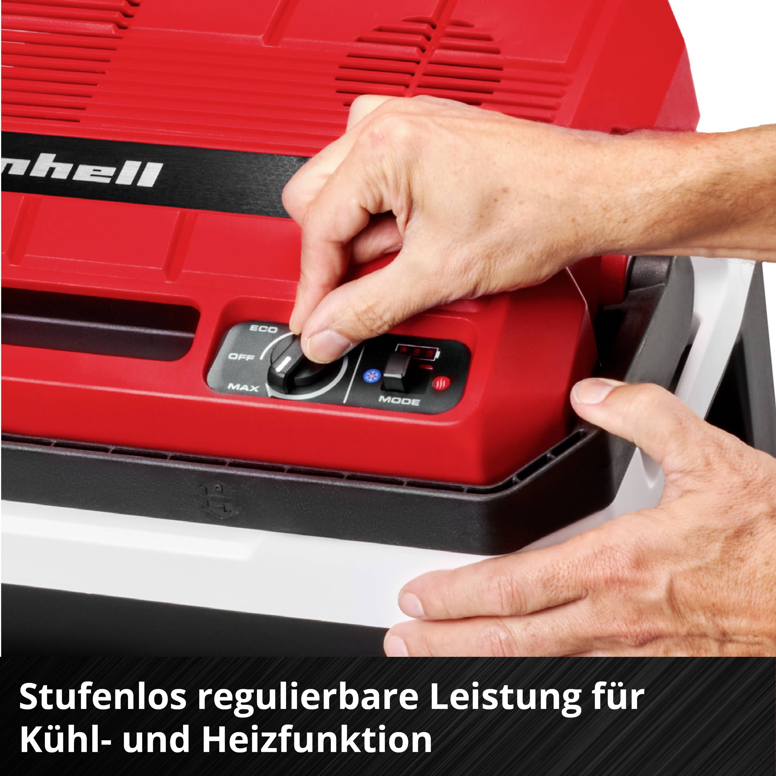 Person dreht den Regler eines roten Geräts. Text: 'Stufenlos regulierbare Leistung für Kühl- und Heizfunktion'.
