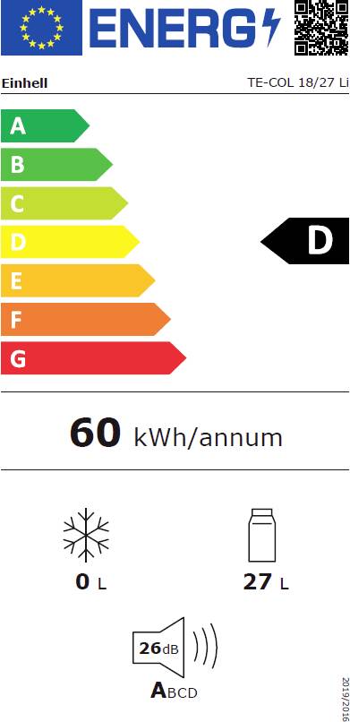 'Energieeffizienzklasse D', mit 60 kWh/Jahr Verbrauch. Kein Kühlraum, 27 L Gefrierraum, 26 dB Geräuschpegel. Европейский энергоэтикетка.