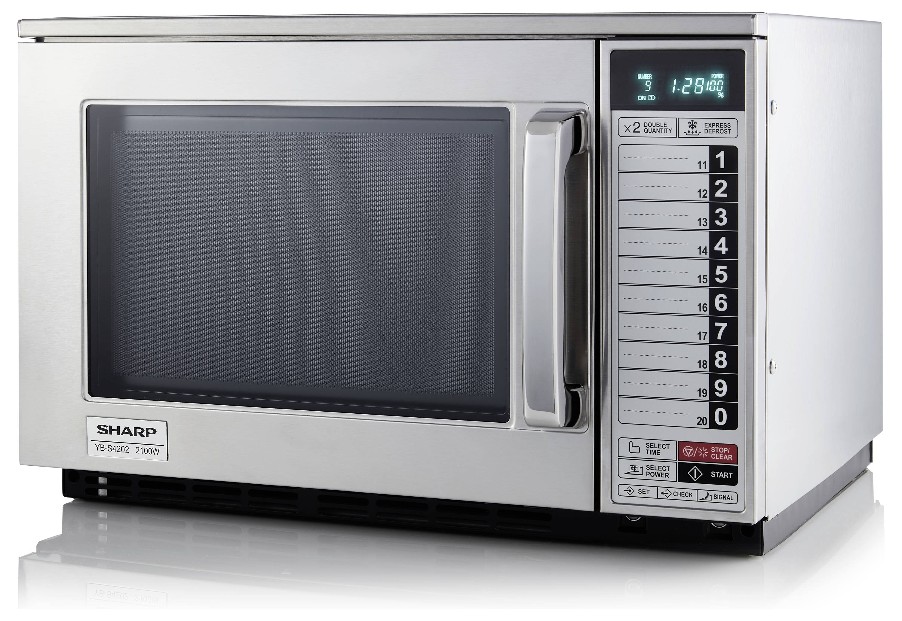 Mikrowelle aus Edelstahl mit digitalem Display und Tastenfeld auf der rechten Seite; zeigt Uhrzeit, Timer und Programmoptionen.