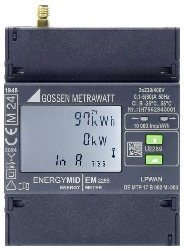 Elektrizitätszähler mit Display zeigt '97 kWh' Verbrauch und '0 kW' aktuellen Verbrauch. Hersteller: Gossen Metrawatt. Modell: ENERGIMID EM 2289.