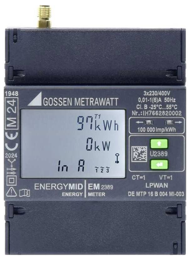 Digitaler Stromzähler zeigt 97 kWh Energieverbrauch an. Markenname 'Gossen Metrawatt' sichtbar. Geeignet für dreiphasige Systeme.