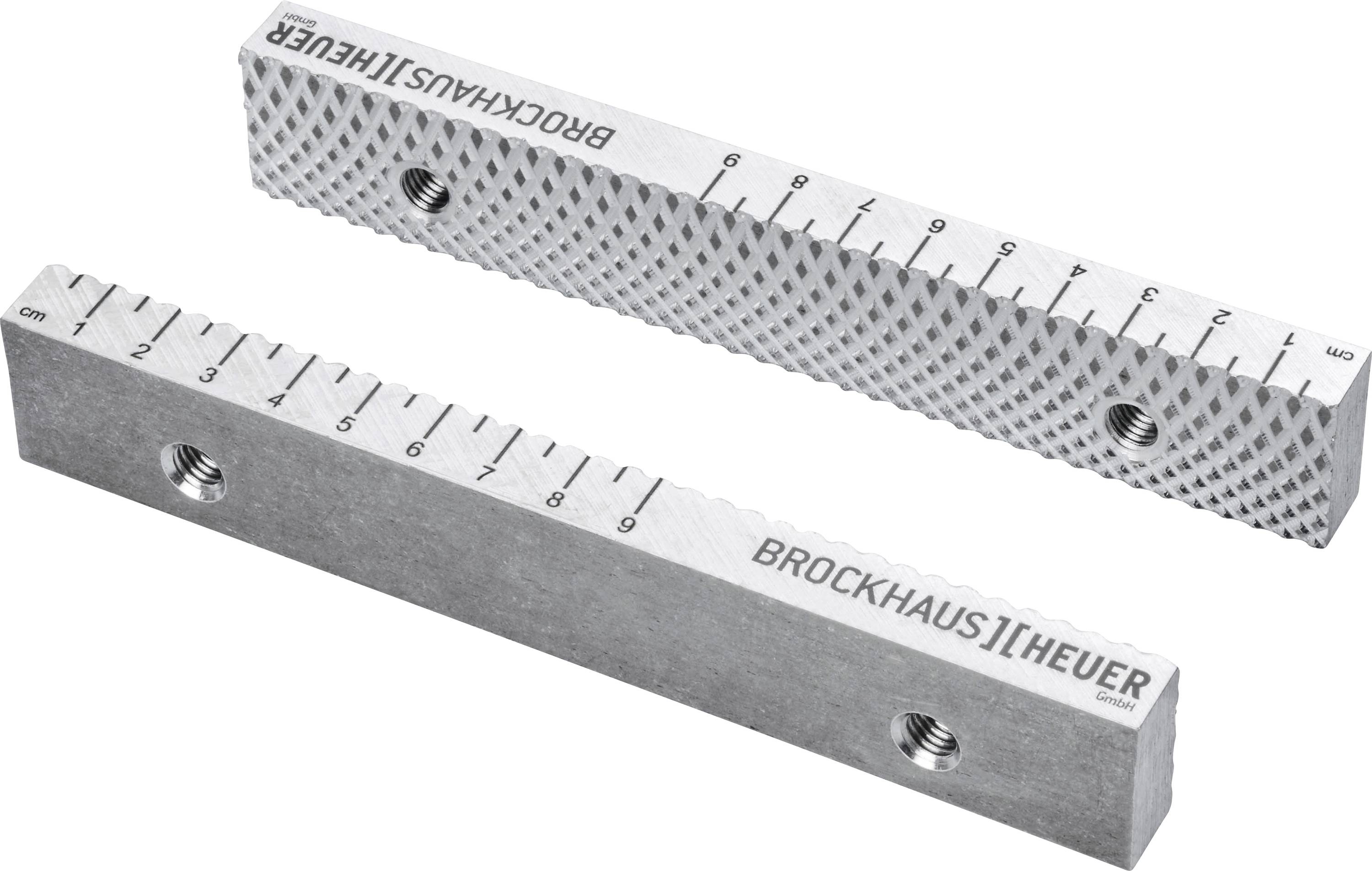 Zwei silberne Metalllineale von Brockhaus Heuer, eins mit Rillen, das andere glatt, beide mit Markierungen von 0 bis 100 mm.