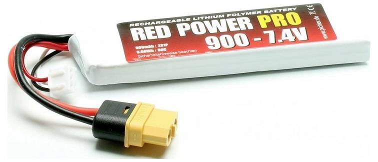 Akkupack 'Red Power Pro 900 - 7.4V' mit gelbem und schwarzem Stecker.